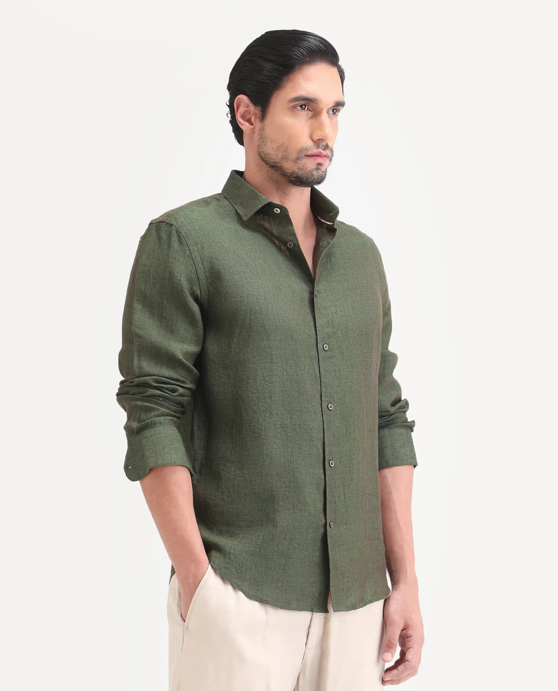 Rare Rabbit Men's Borium-D-26 Dark Green 100% Linen Full Sleeve Spread Collar Regular Fit Plain Shirt