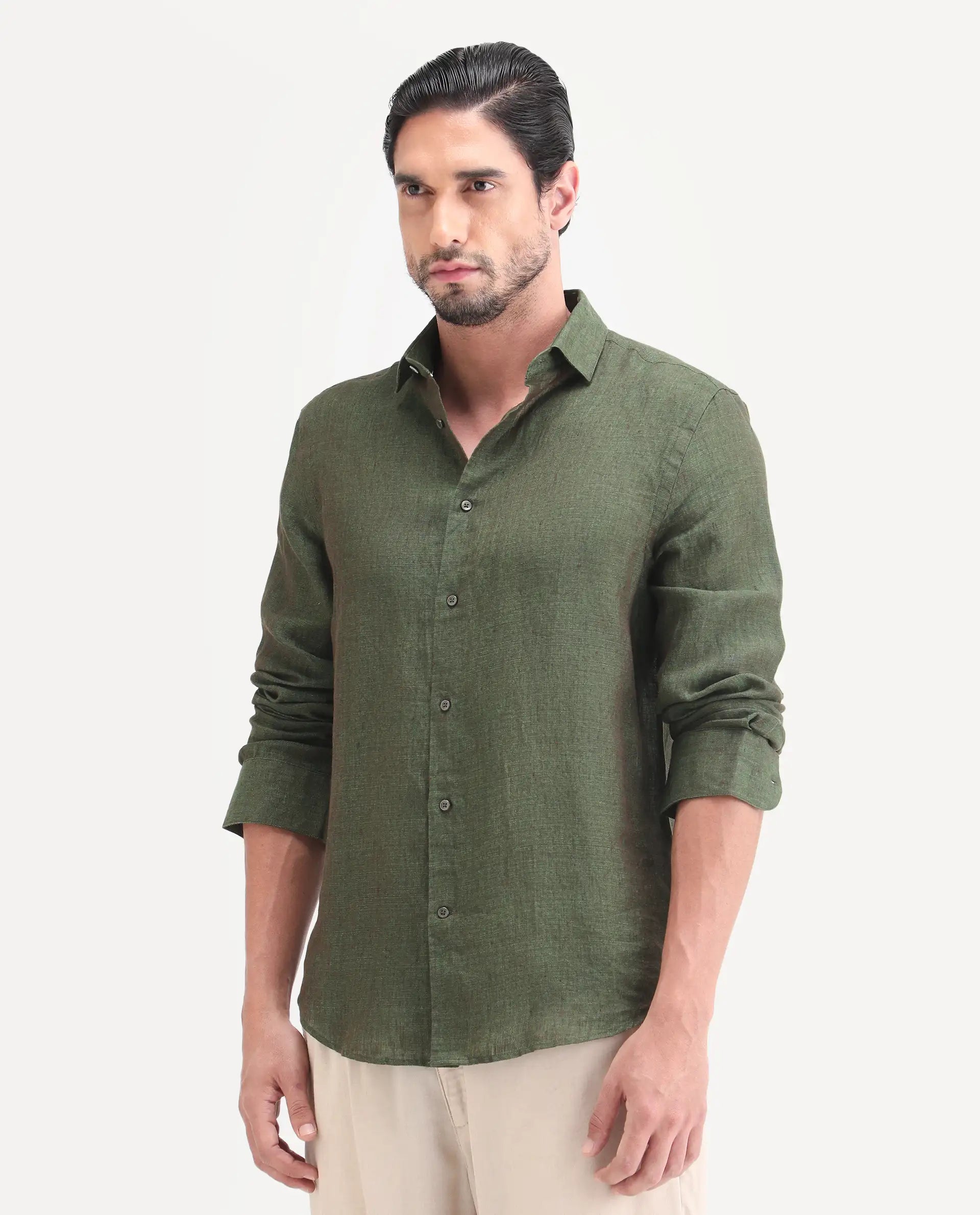 Rare Rabbit Men's Borium-D-26 Dark Green 100% Linen Full Sleeve Spread Collar Regular Fit Plain Shirt