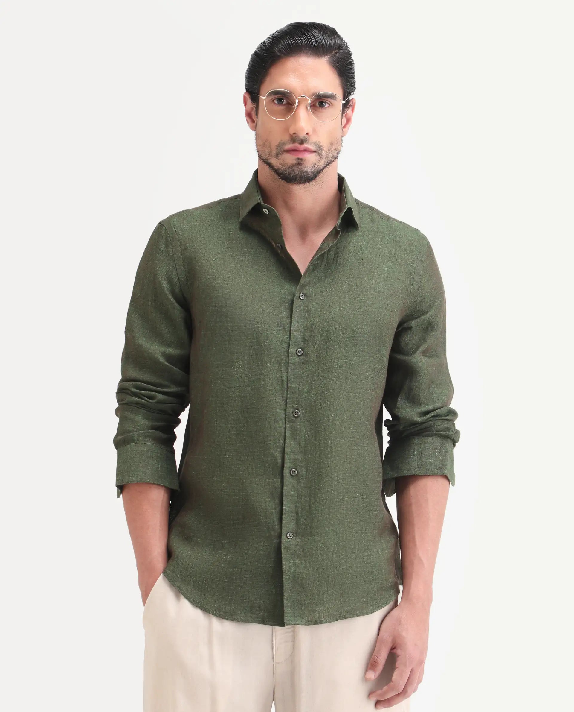 Rare Rabbit Men's Borium-D-26 Dark Green 100% Linen Full Sleeve Spread Collar Regular Fit Plain Shirt