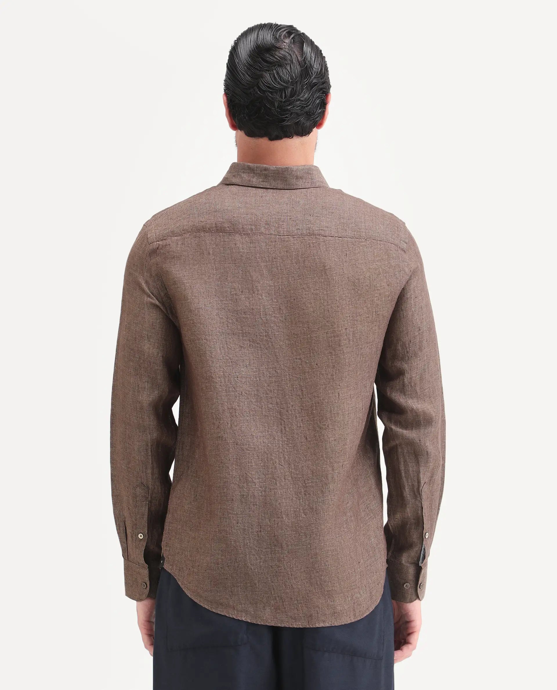 Rare Rabbit Men's Borium-D-26 Dark Brown 100% Linen Full Sleeve Spread Collar Regular Fit Plain Shirt