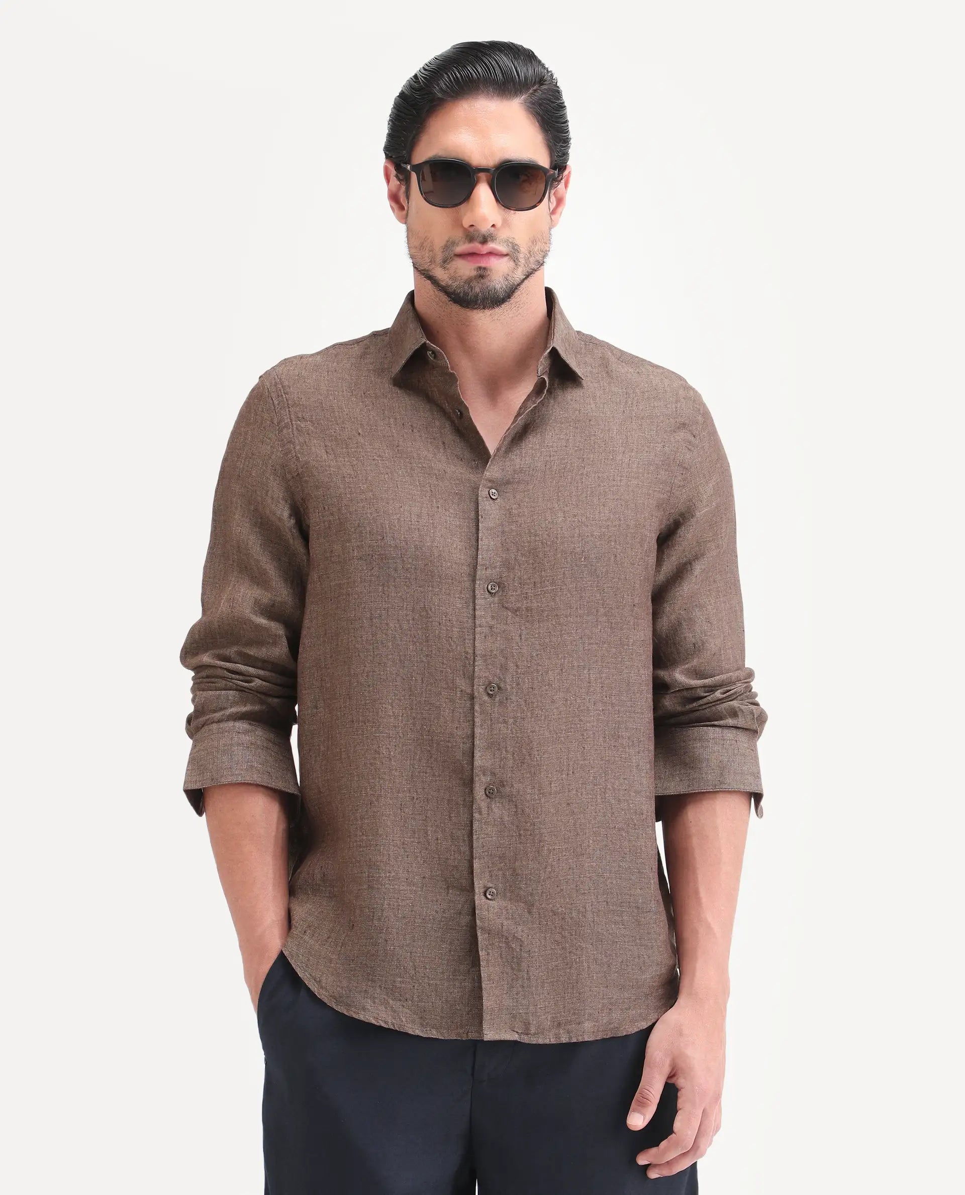 Rare Rabbit Men's Borium-D-26 Dark Brown 100% Linen Full Sleeve Spread Collar Regular Fit Plain Shirt