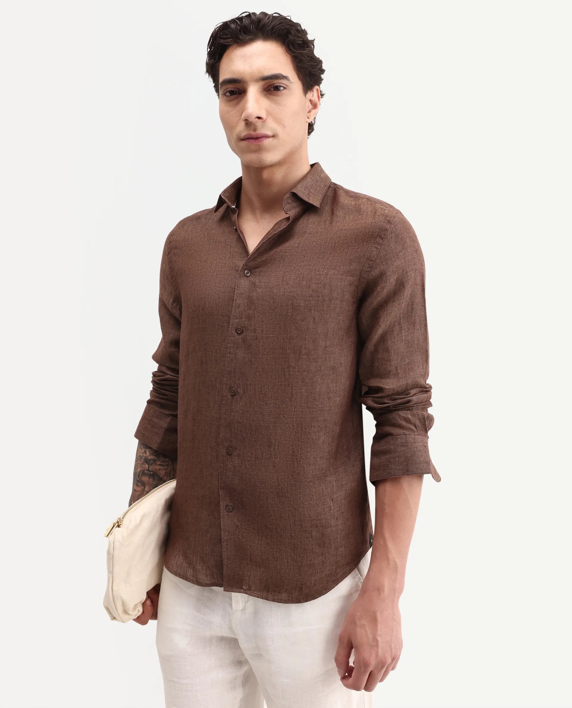 Rare Rabbit Men's Borium-D-26 Dark Brown 100% Linen Full Sleeve Spread Collar Regular Fit Plain Shirt