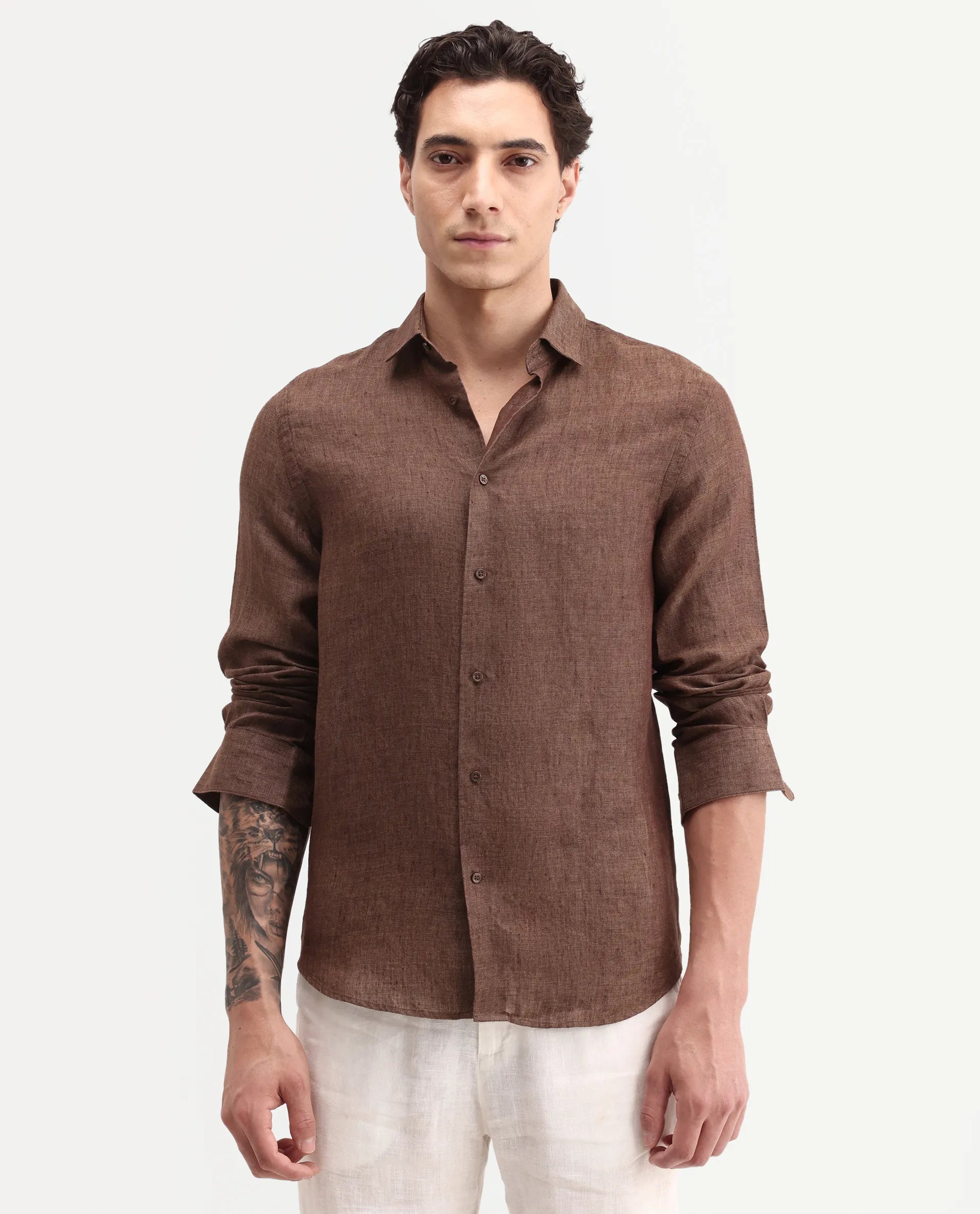 Rare Rabbit Men's Borium-D-26 Dark Brown 100% Linen Full Sleeve Spread Collar Regular Fit Plain Shirt