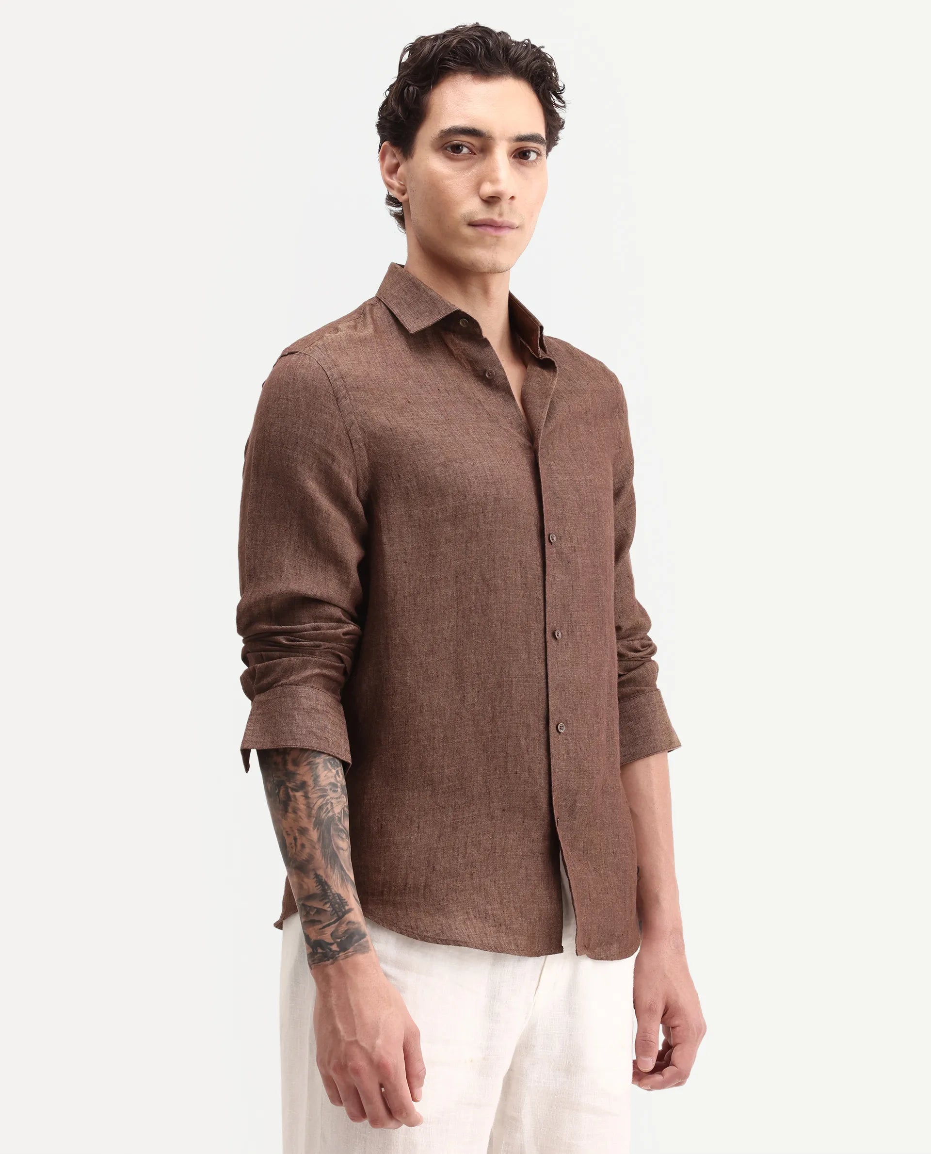 Rare Rabbit Men's Borium-D-26 Dark Brown 100% Linen Full Sleeve Spread Collar Regular Fit Plain Shirt