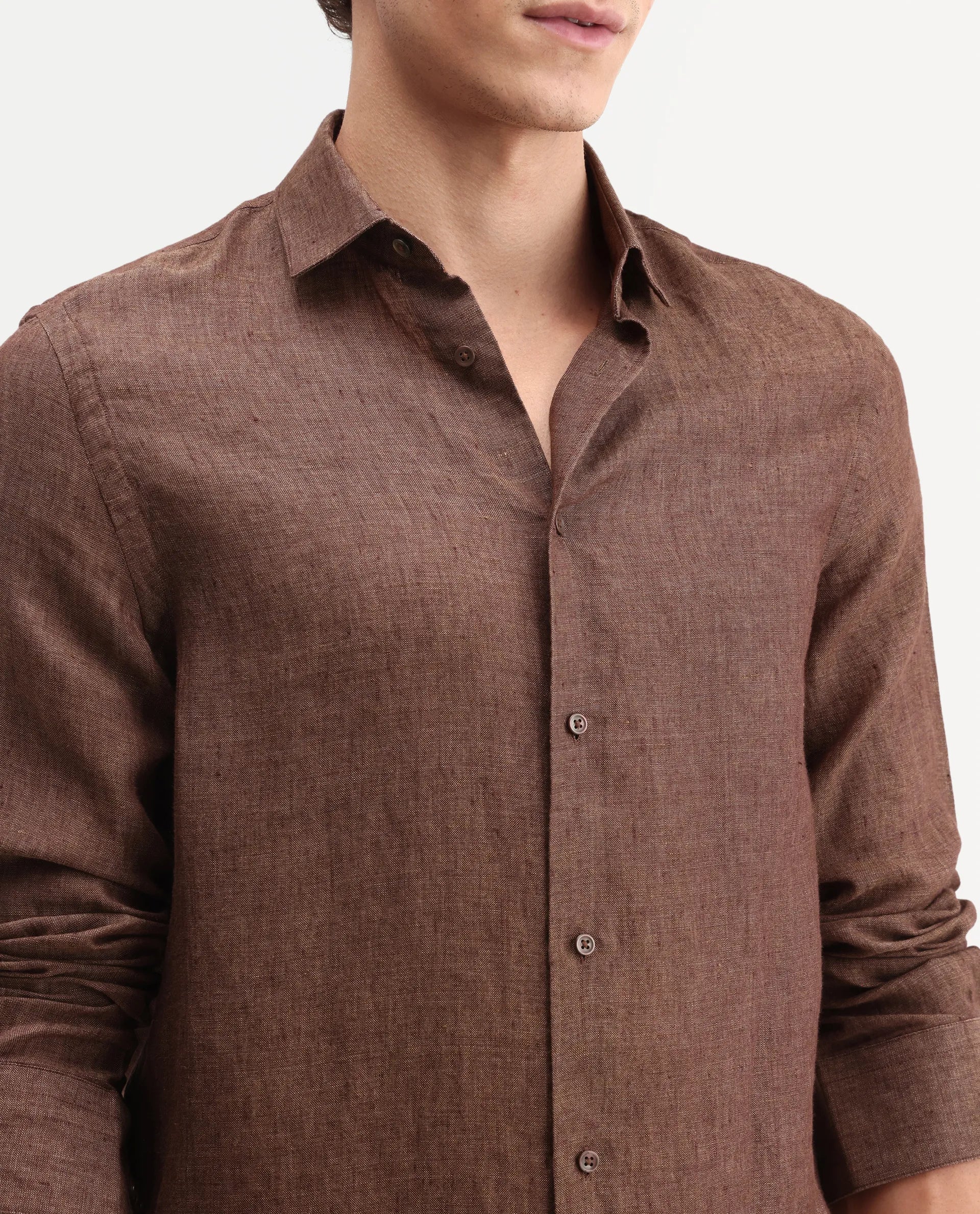Rare Rabbit Men's Borium-D-26 Dark Brown 100% Linen Full Sleeve Spread Collar Regular Fit Plain Shirt