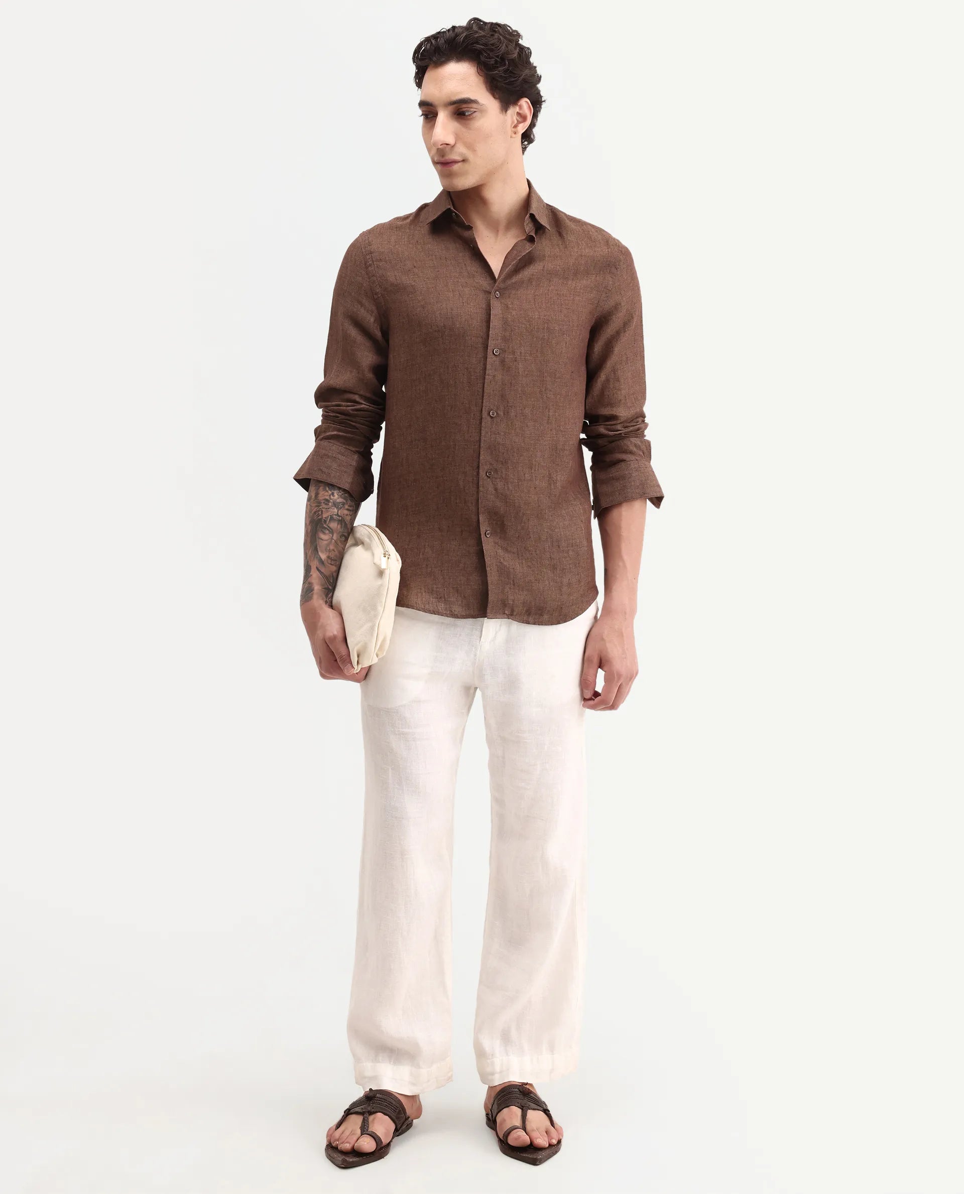 Rare Rabbit Men's Borium-D-26 Dark Brown 100% Linen Full Sleeve Spread Collar Regular Fit Plain Shirt