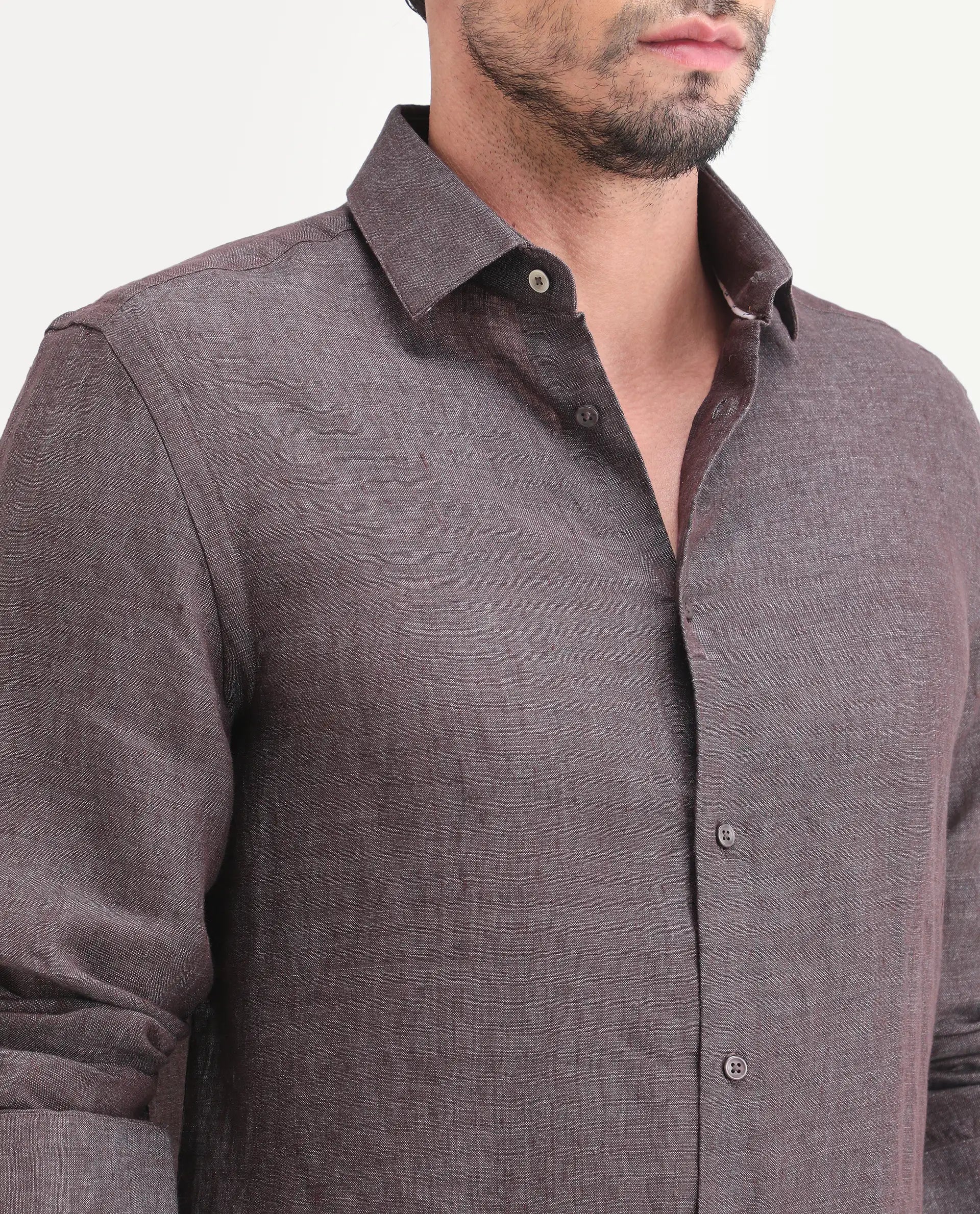 Rare Rabbit Men's Borium-D-26 Dark Grey 100% Linen Full Sleeve Spread Collar Regular Fit Plain Shirt