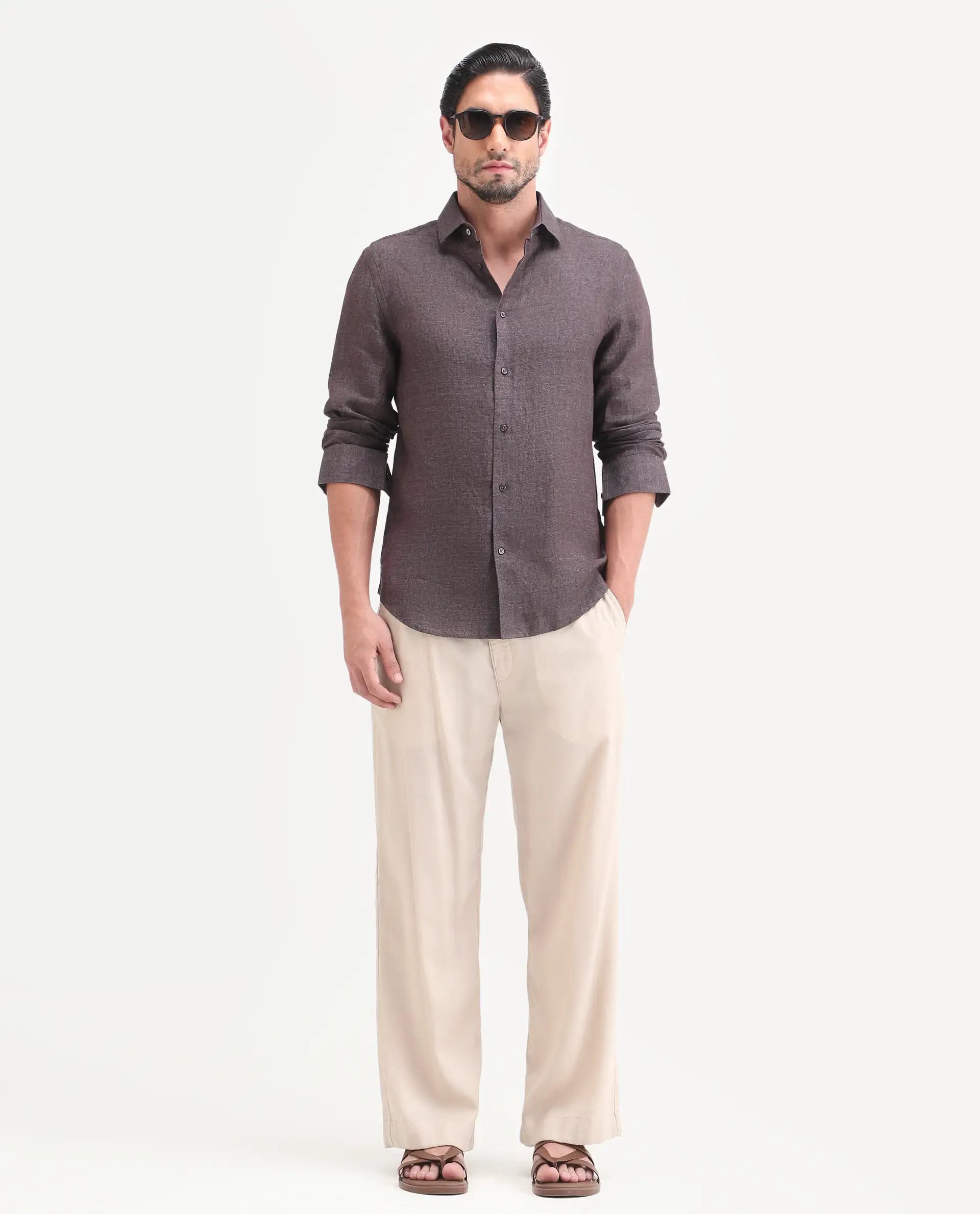Rare Rabbit Men's Borium-D-26 Dark Grey 100% Linen Full Sleeve Spread Collar Regular Fit Plain Shirt