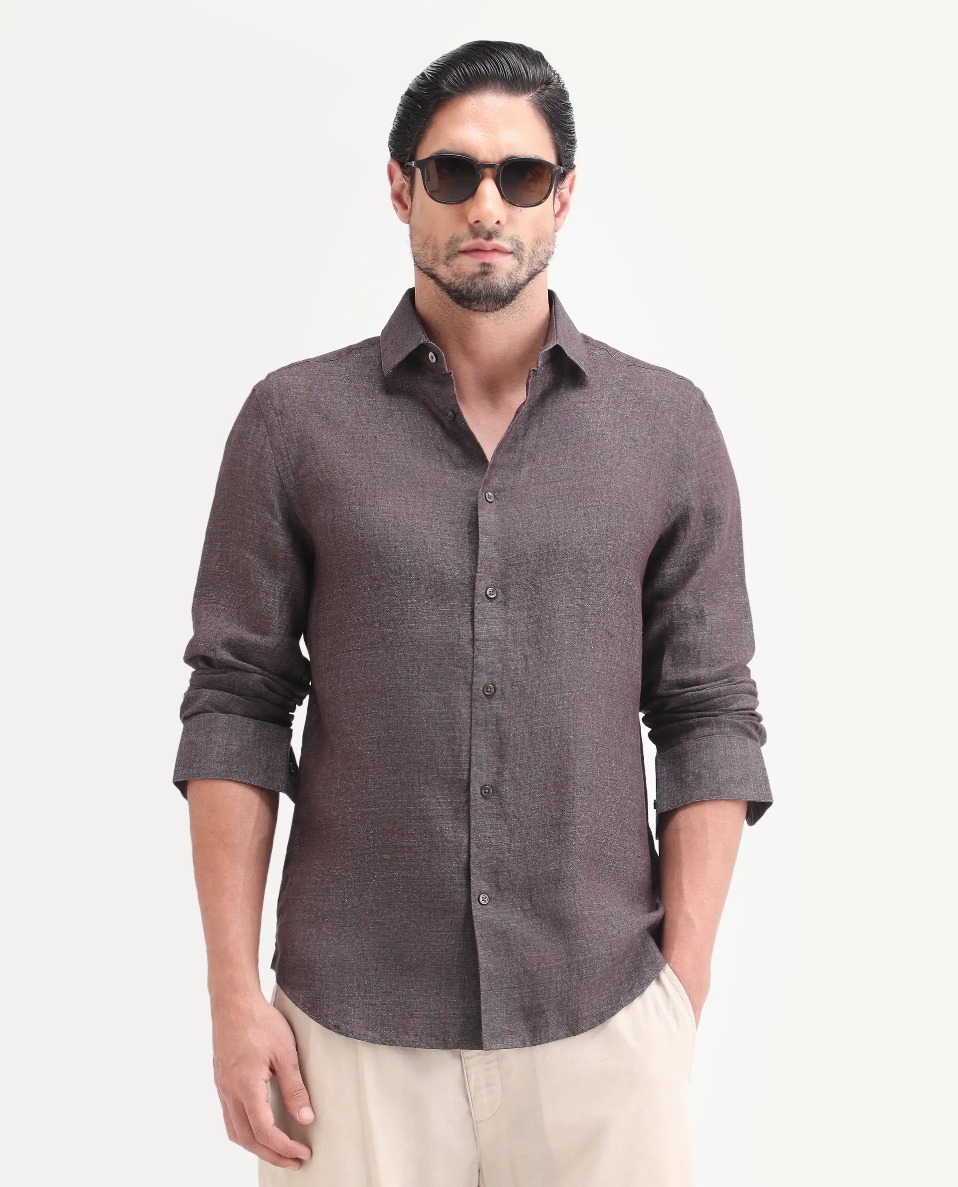 Rare Rabbit Men's Borium-D-26 Dark Grey 100% Linen Full Sleeve Spread Collar Regular Fit Plain Shirt