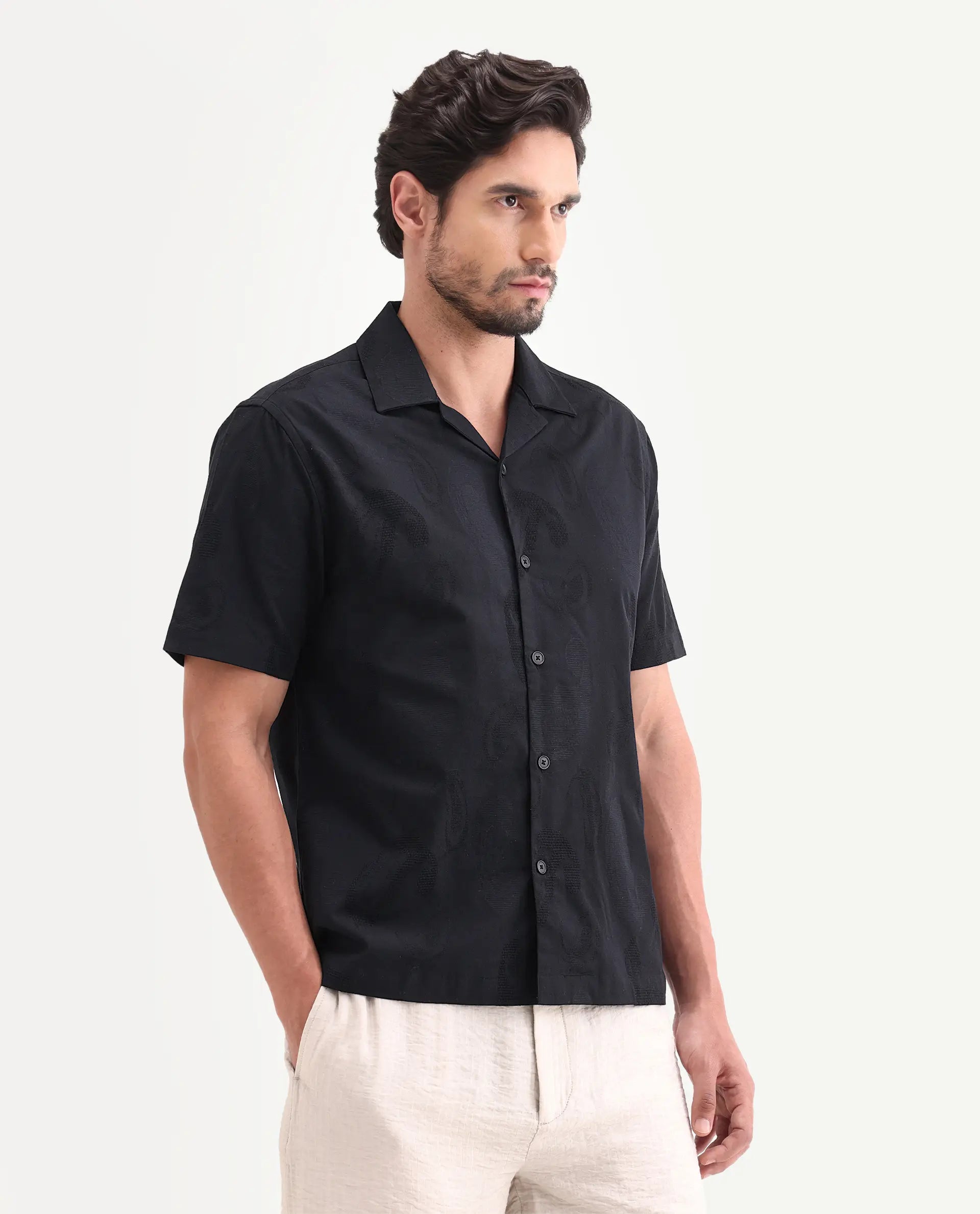 Rare Rabbit Men's Reke Black Cotton Half Sleeve Cuban Collar Regular Fit Jacquard Shirt