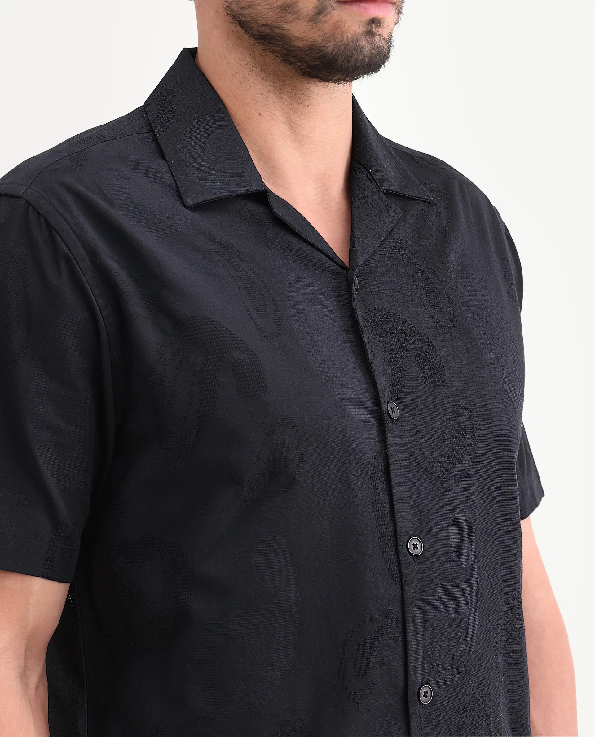 Rare Rabbit Men's Reke Black Cotton Half Sleeve Cuban Collar Regular Fit Jacquard Shirt