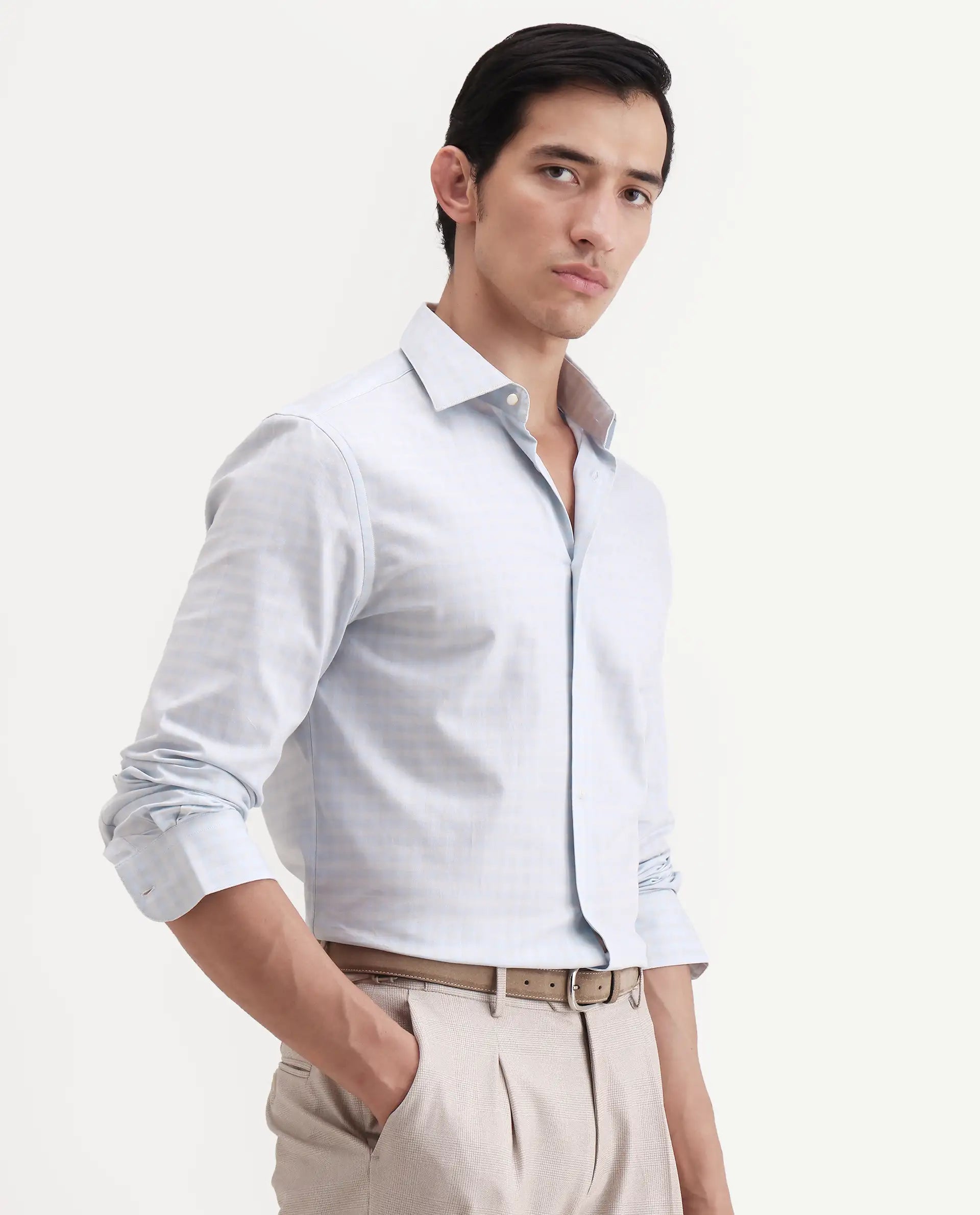 Rare Rabbit Men's Tixo Light Blue Cotton Fabric Full Sleeve Spread Collar Regular Fit Checked Shirt