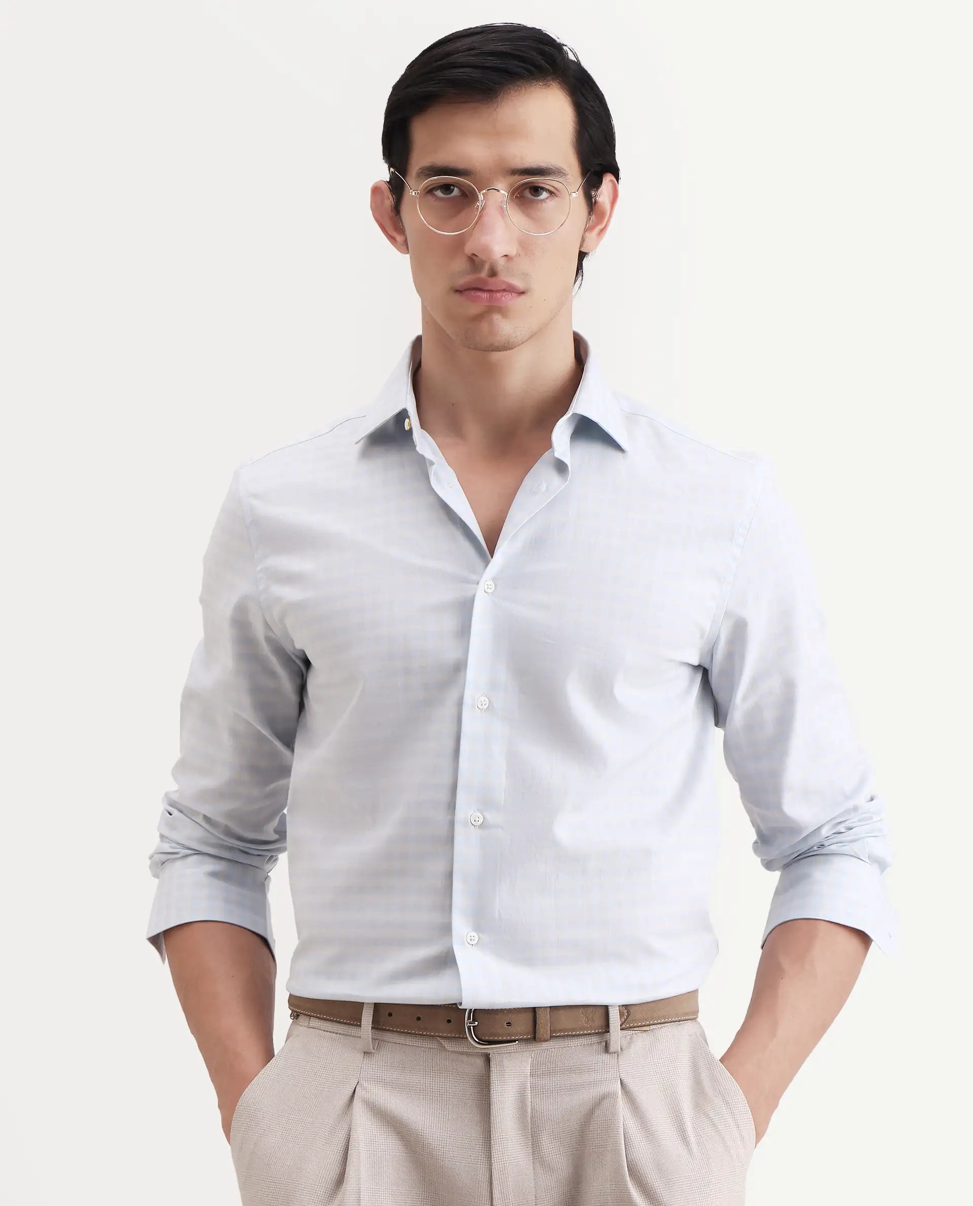 Rare Rabbit Men's Tixo Light Blue Cotton Fabric Full Sleeve Spread Collar Regular Fit Checked Shirt