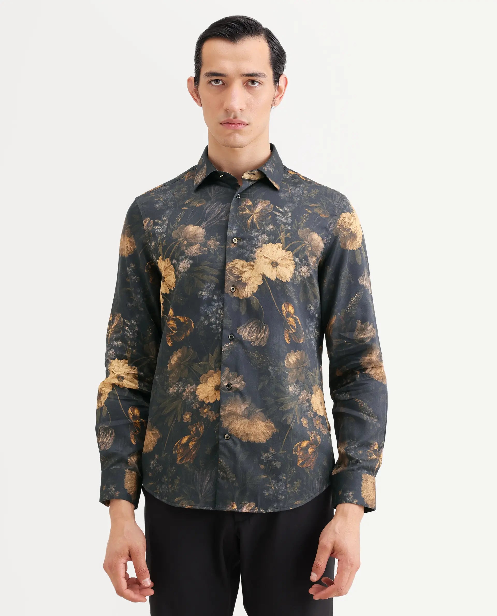 Rare Rabbit Men's Fawn Black Cotton Fabric Full Sleeve Spread Collar Regular Fit Floral Print Shirt