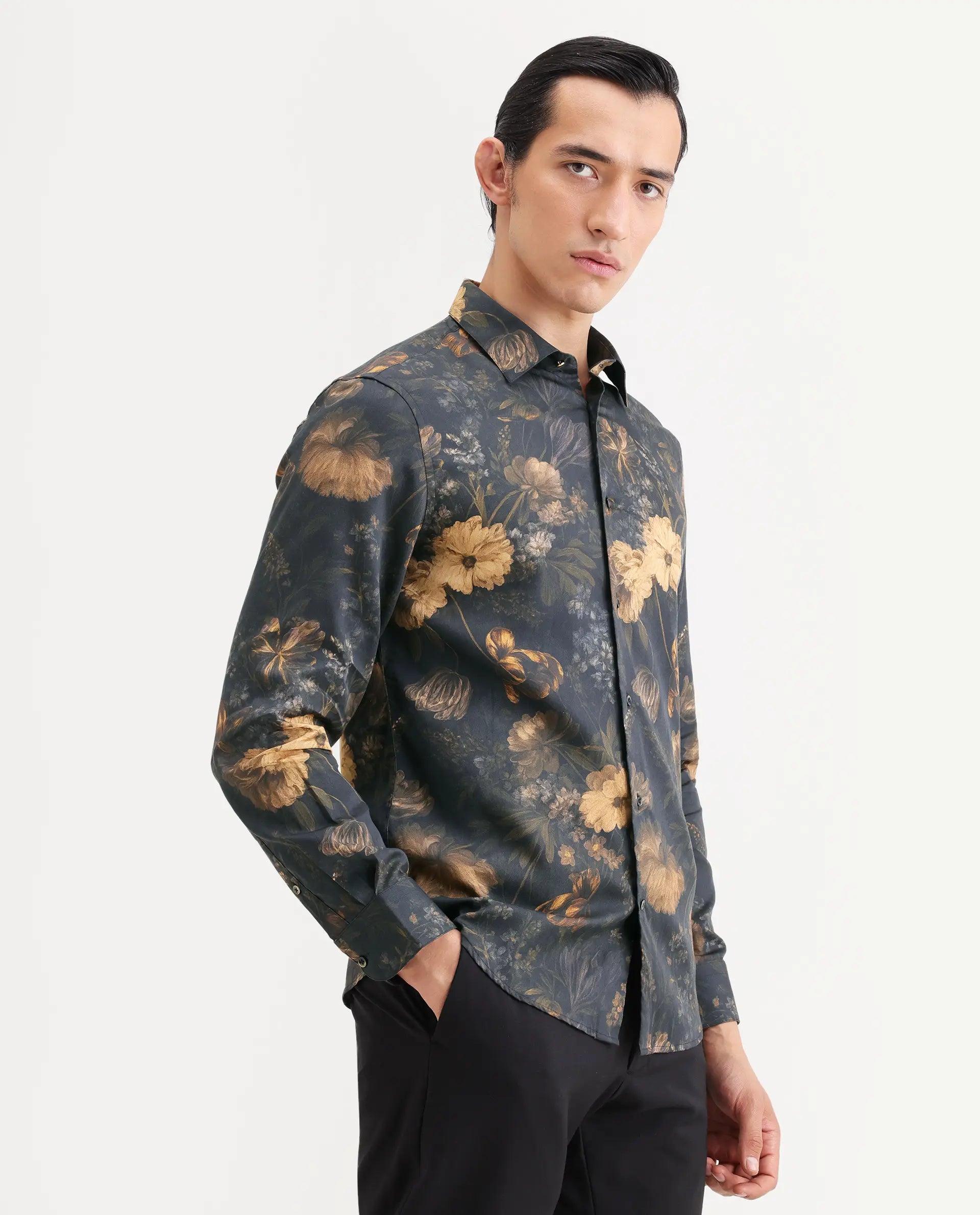 Rare Rabbit Men's Fawn Black Cotton Fabric Full Sleeve Spread Collar Regular Fit Floral Print Shirt