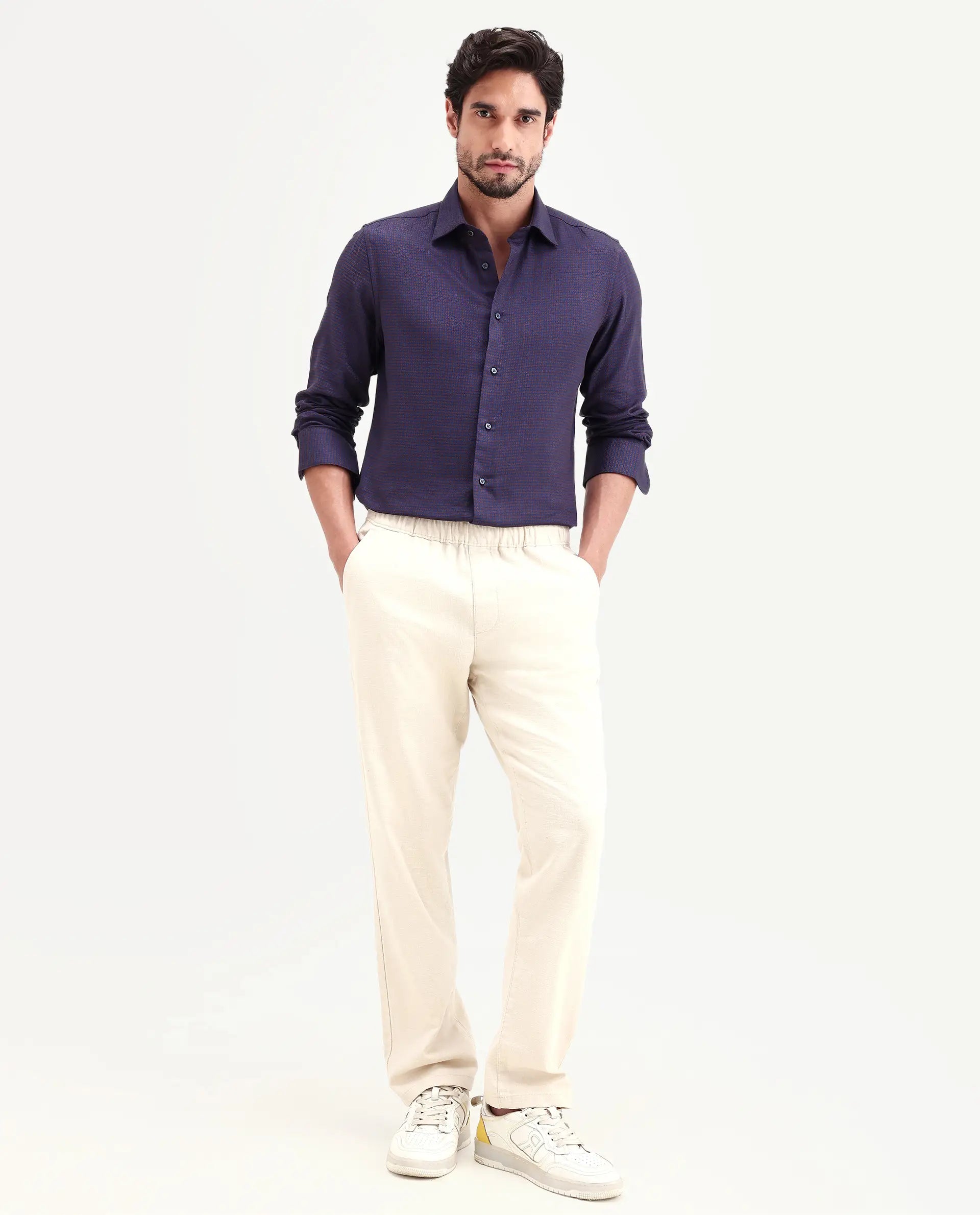 Rare Rabbit Men's Jared Navy Lyocell Blend Fabric Full Sleeve Spread Collar Button Regular Fit Checked Shirt