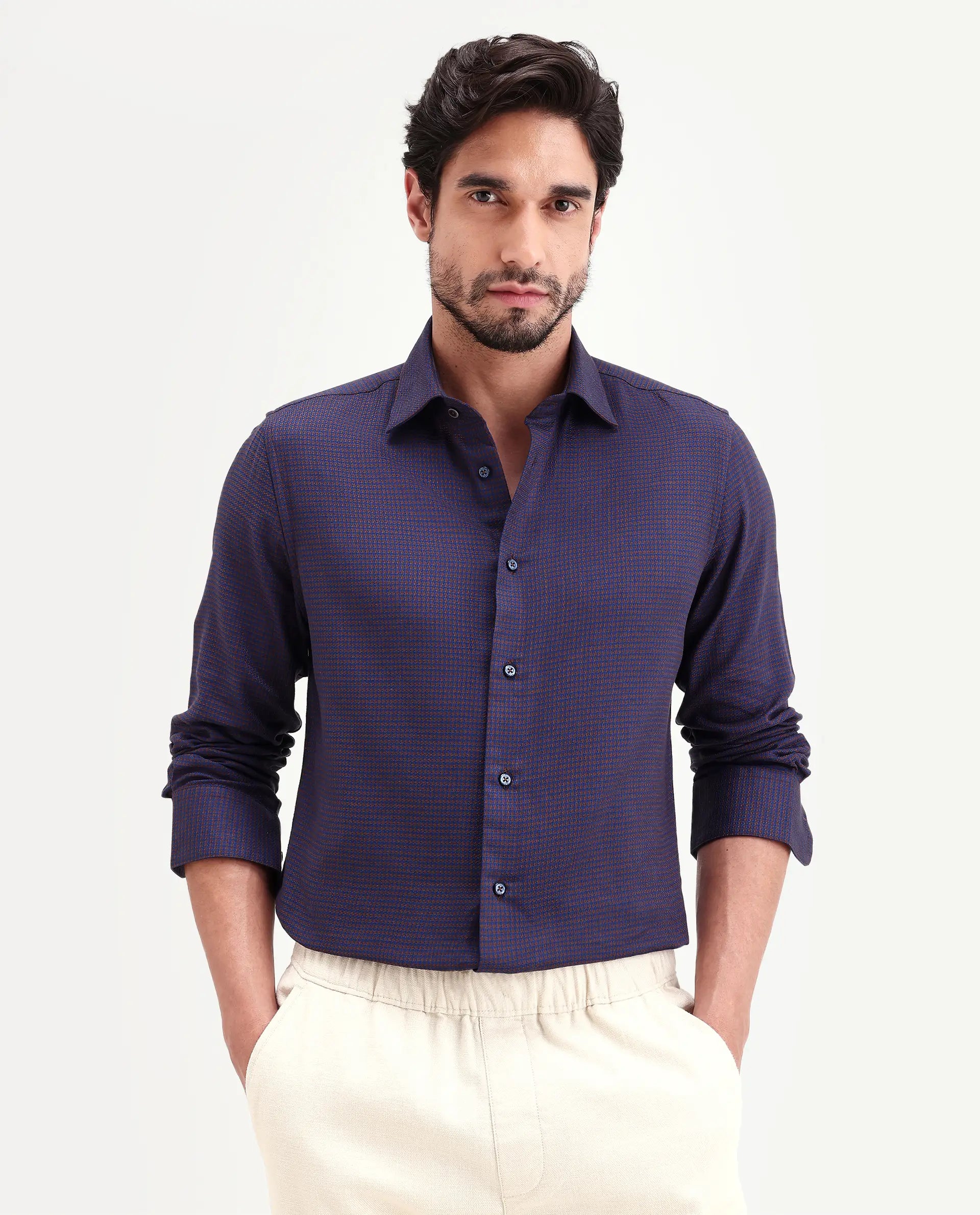 Rare Rabbit Men's Jared Navy Lyocell Blend Fabric Full Sleeve Spread Collar Button Regular Fit Checked Shirt