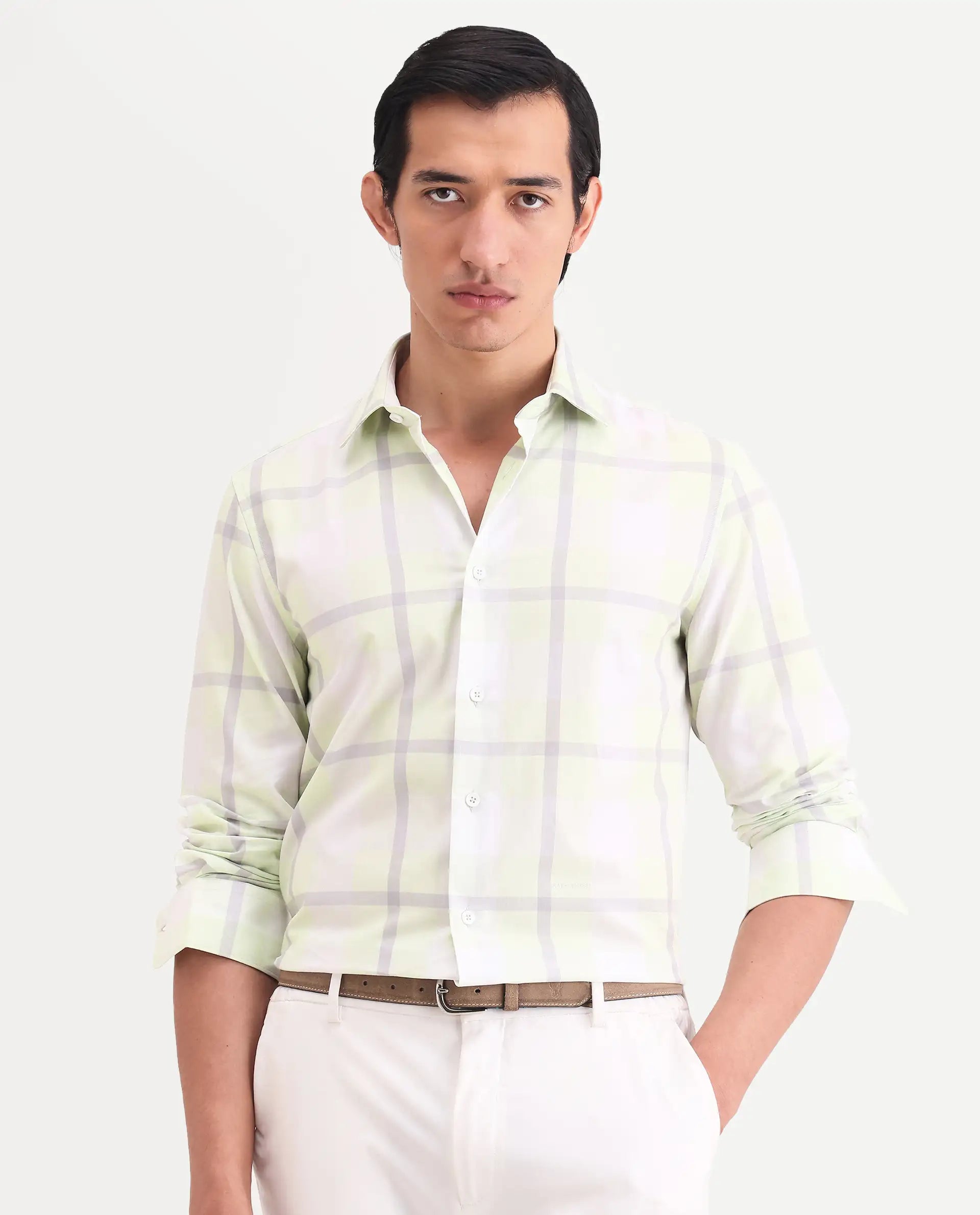 Rare Rabbit Men's Taki Fluorescent Green Cotton Fabric Full Sleeve Spread Collar Regular Fit Checked Shirt