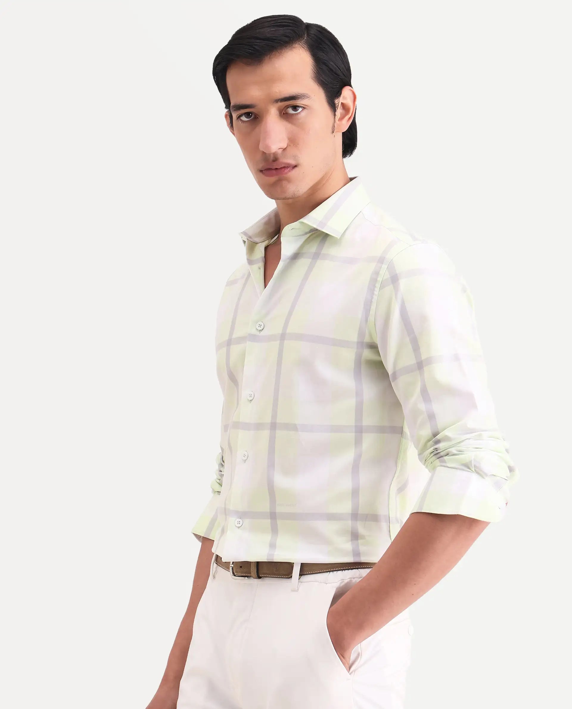 Rare Rabbit Men's Taki Fluorescent Green Cotton Fabric Full Sleeve Spread Collar Regular Fit Checked Shirt