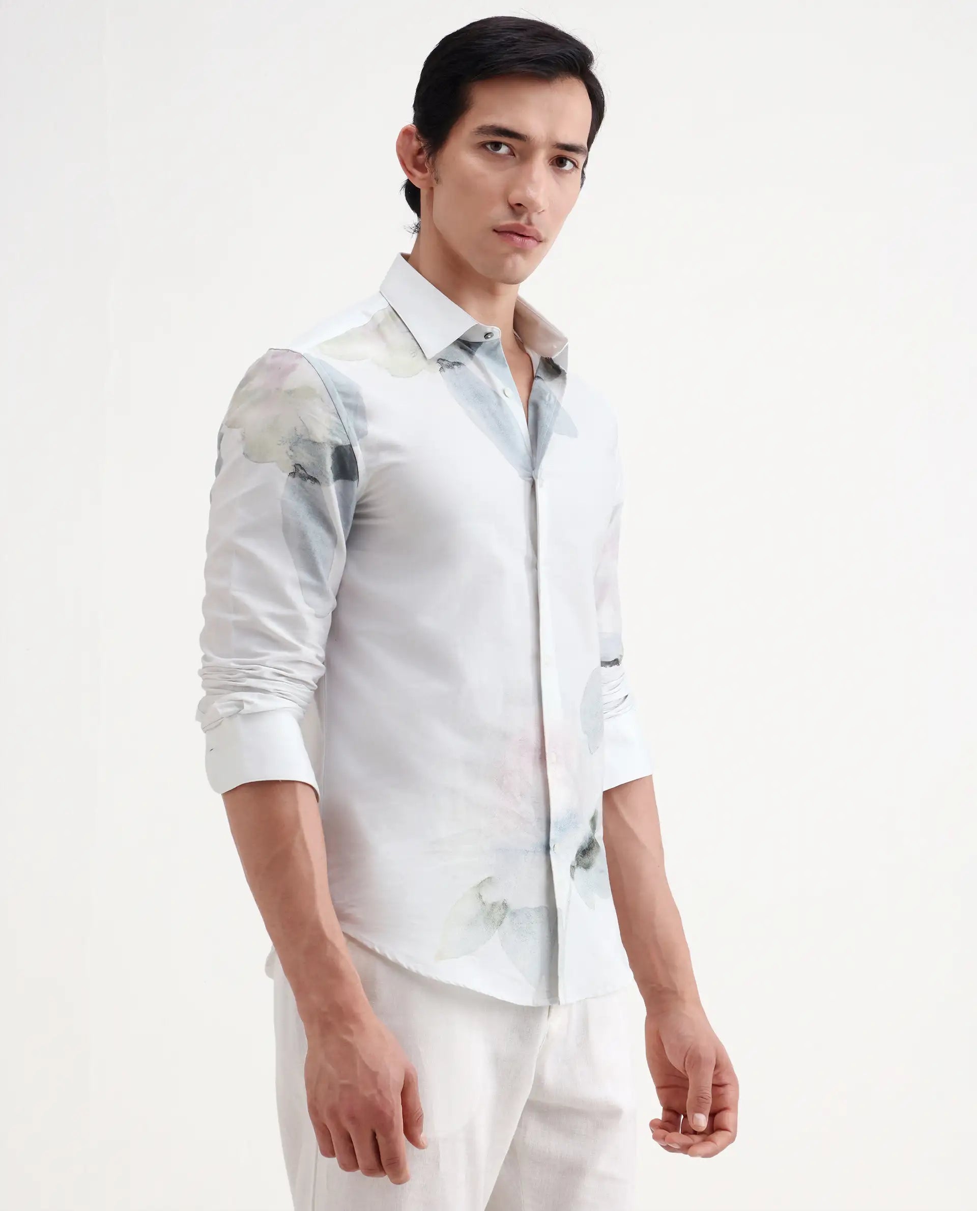 Rare Rabbit Men's Tess Off White Cotton Fabric Full Sleeve Spread Collar Regular Fit Floral Print Shirt