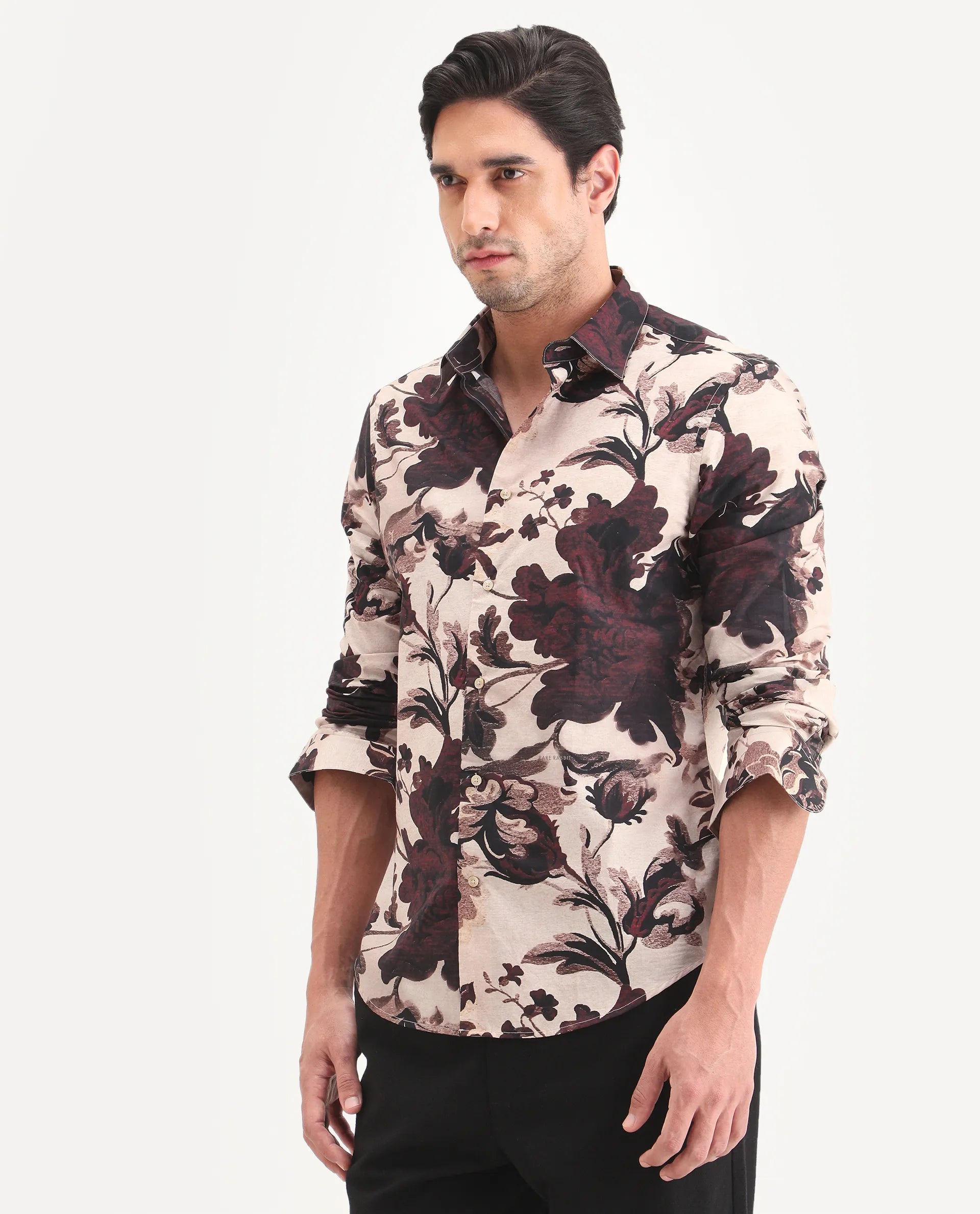 Rare Rabbit Men's Ciel Beige Cotton Fabric Full Sleeve Spread Collar Button Regular Fit Floral Print Shirt