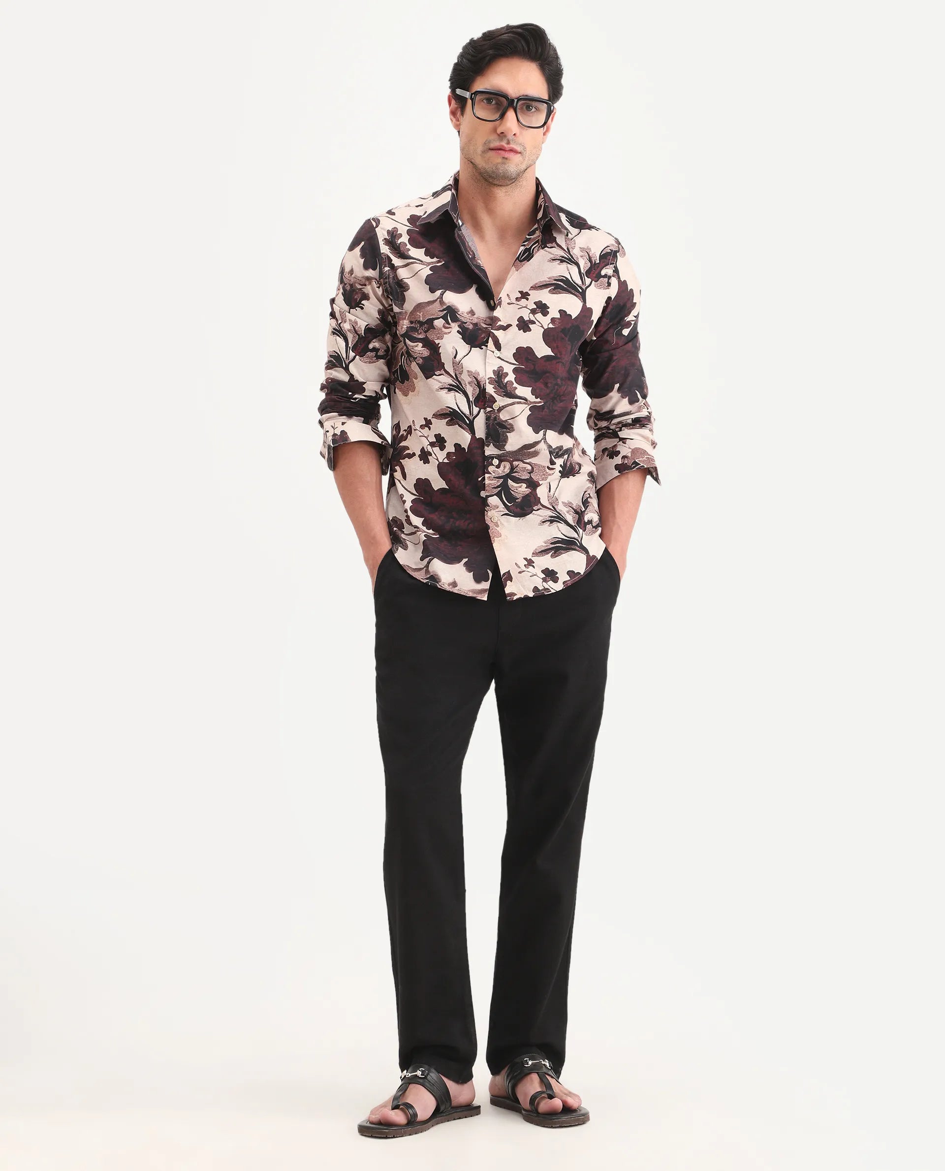 Rare Rabbit Men's Ciel Beige Cotton Fabric Full Sleeve Spread Collar Button Regular Fit Floral Print Shirt