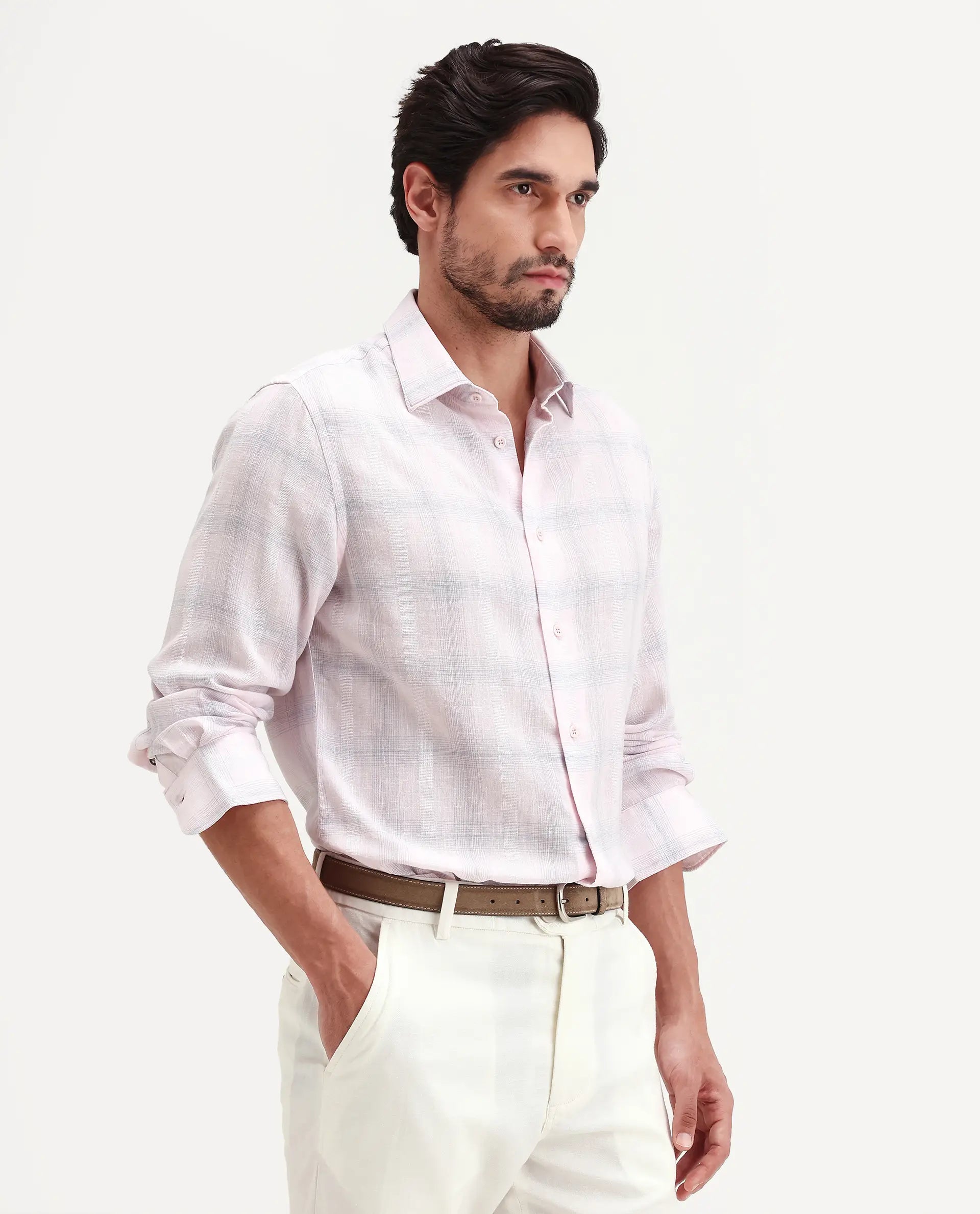 Rare Rabbit Men's Eamon-S26 Light Pink Linen Blend Full Sleeve Spread Collar Regular Fit Checked Shirt