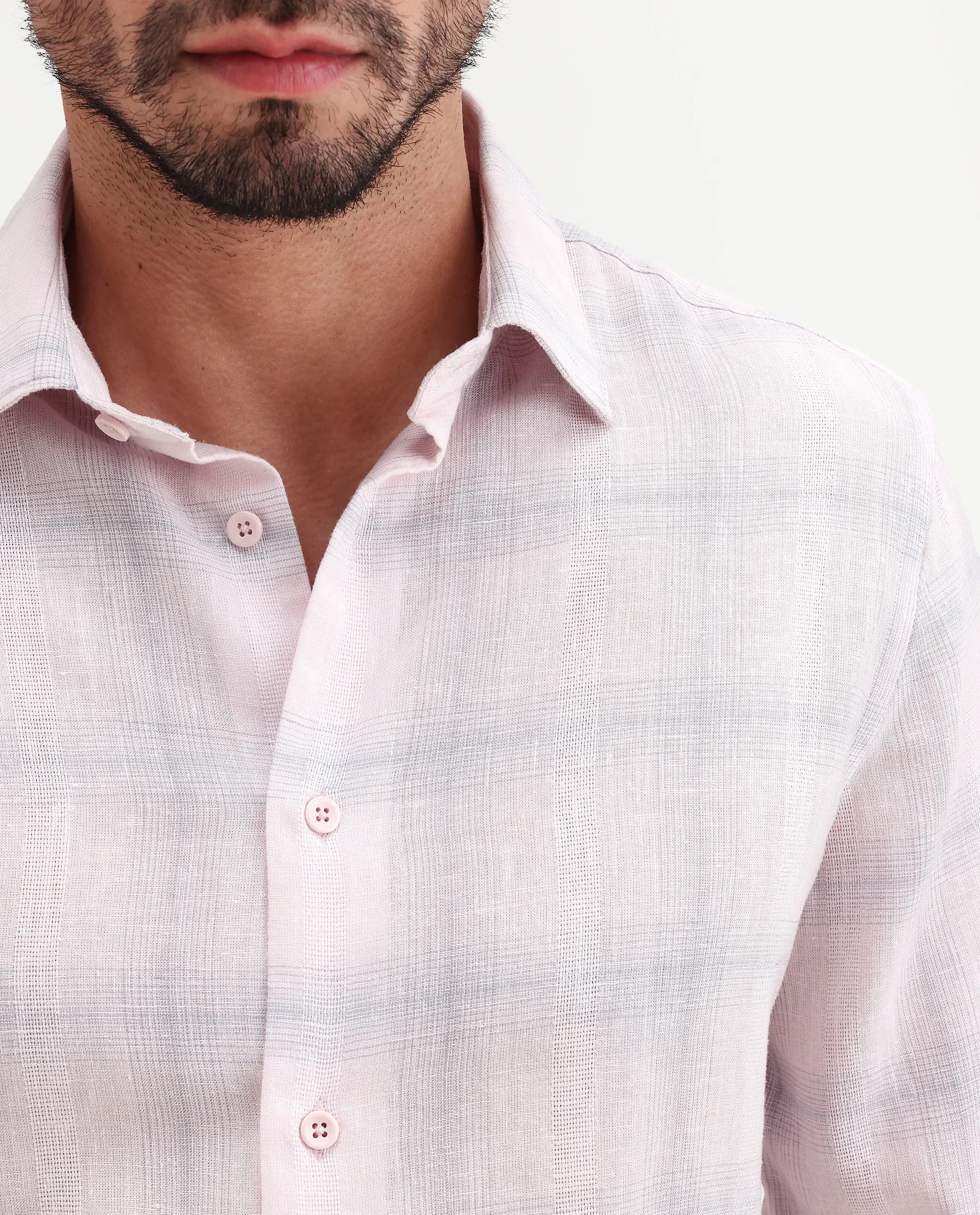 Rare Rabbit Men's Eamon-S26 Light Pink Linen Blend Full Sleeve Spread Collar Regular Fit Checked Shirt