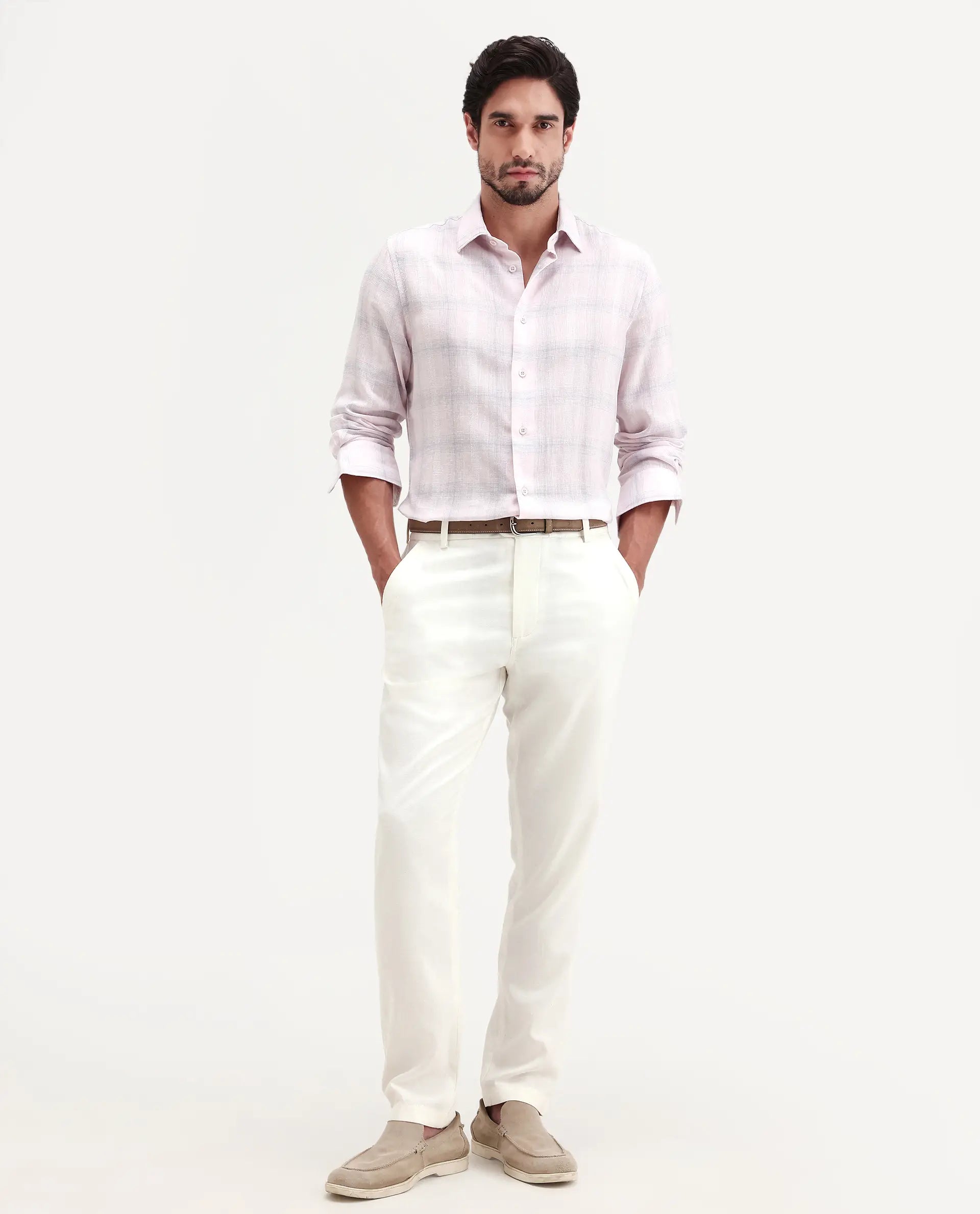 Rare Rabbit Men's Eamon-S26 Light Pink Linen Blend Full Sleeve Spread Collar Regular Fit Checked Shirt