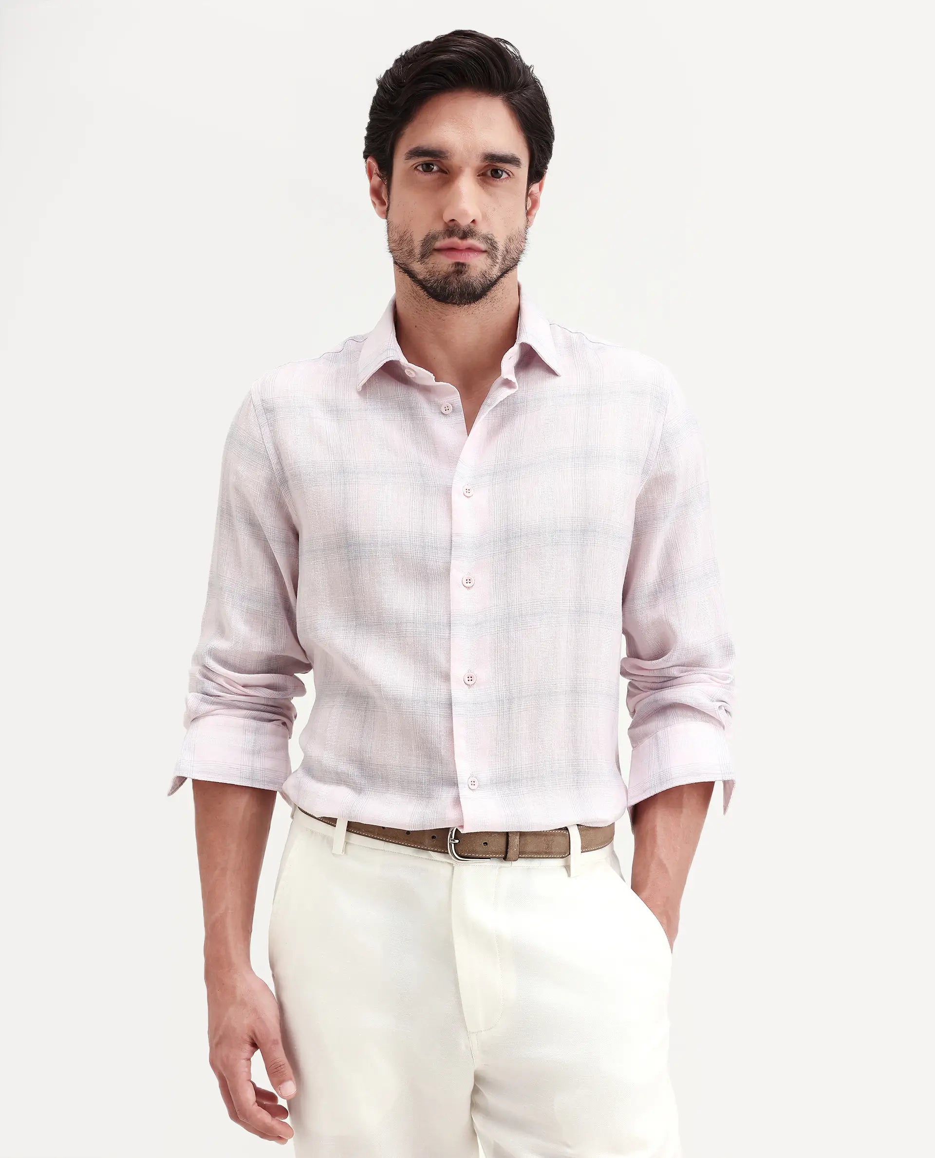 Rare Rabbit Men's Eamon-S26 Light Pink Linen Blend Full Sleeve Spread Collar Regular Fit Checked Shirt