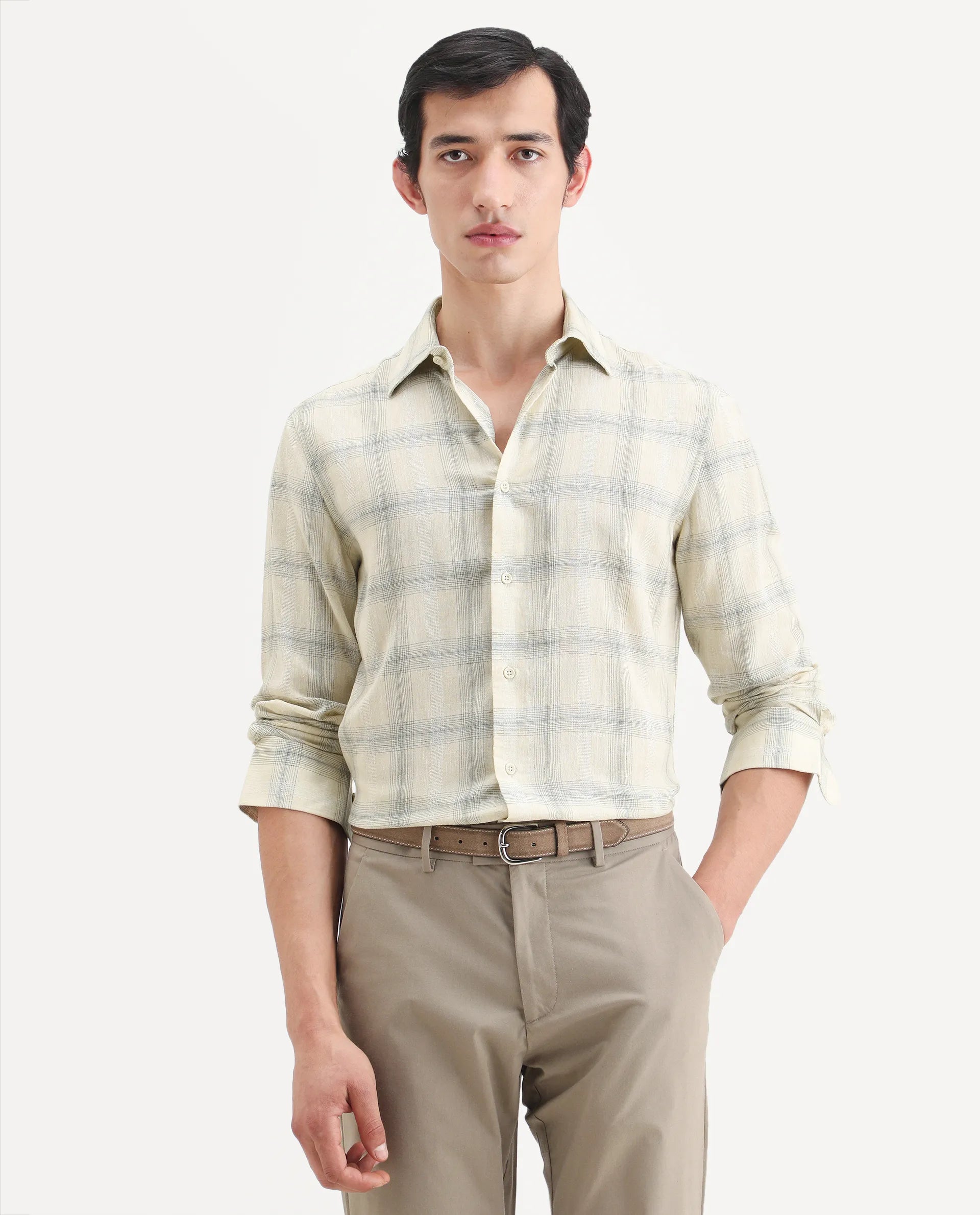 Rare Rabbit Men's Eamon-S26 Light Yellow Linen Blend Full Sleeve Spread Collar Regular Fit Checked Shirt