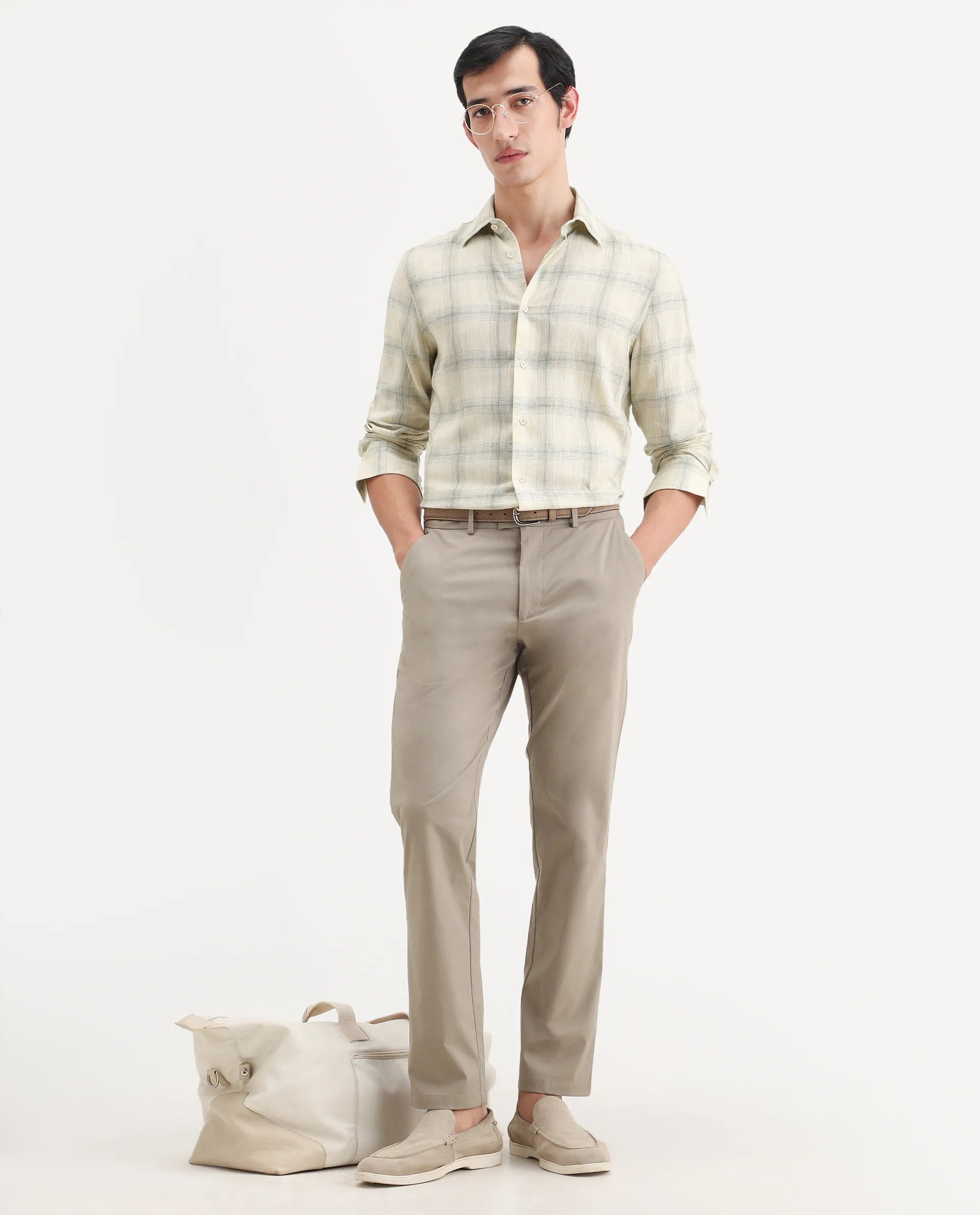 Rare Rabbit Men's Eamon-S26 Light Yellow Linen Blend Full Sleeve Spread Collar Regular Fit Checked Shirt
