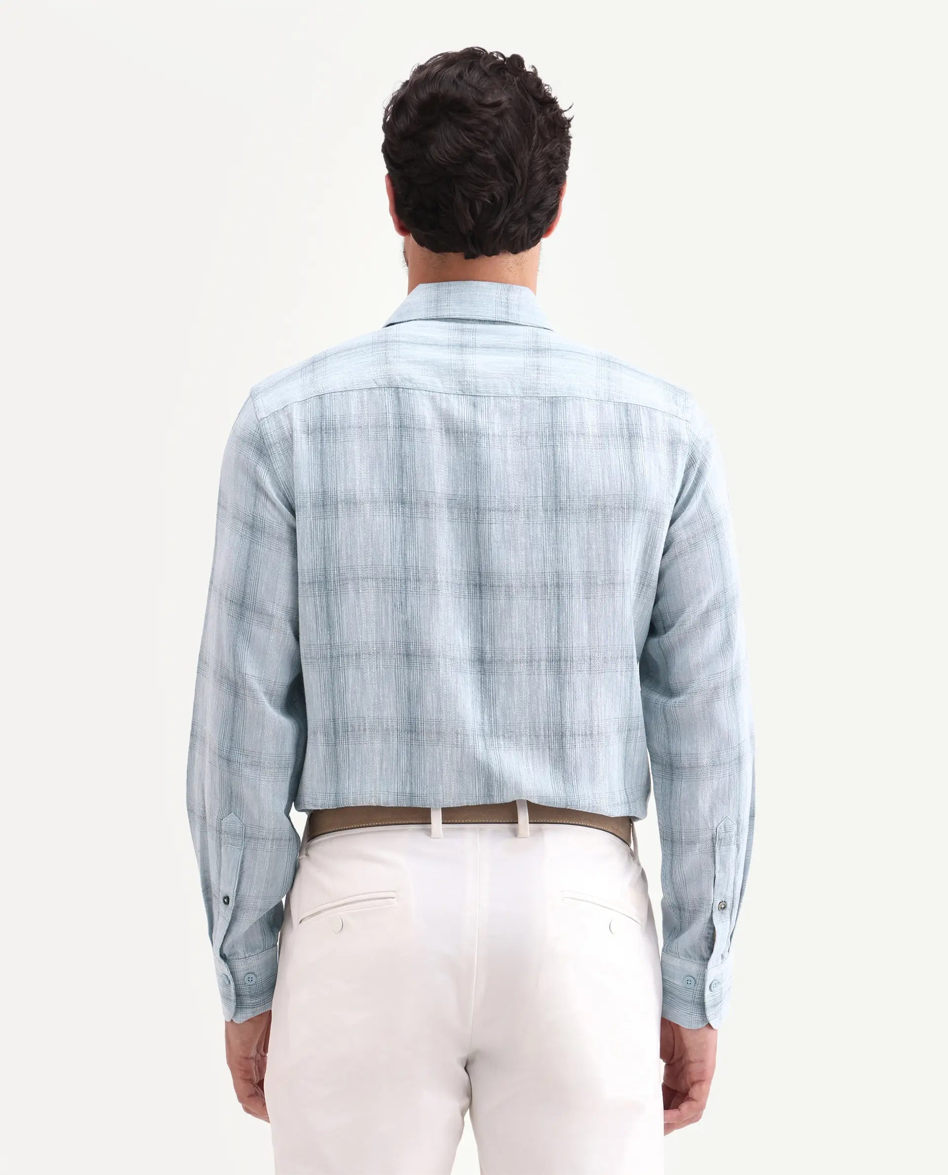 Rare Rabbit Men's Eamon-S26 Light Blue Linen Blend Full Sleeve Spread Collar Regular Fit Checked Shirt