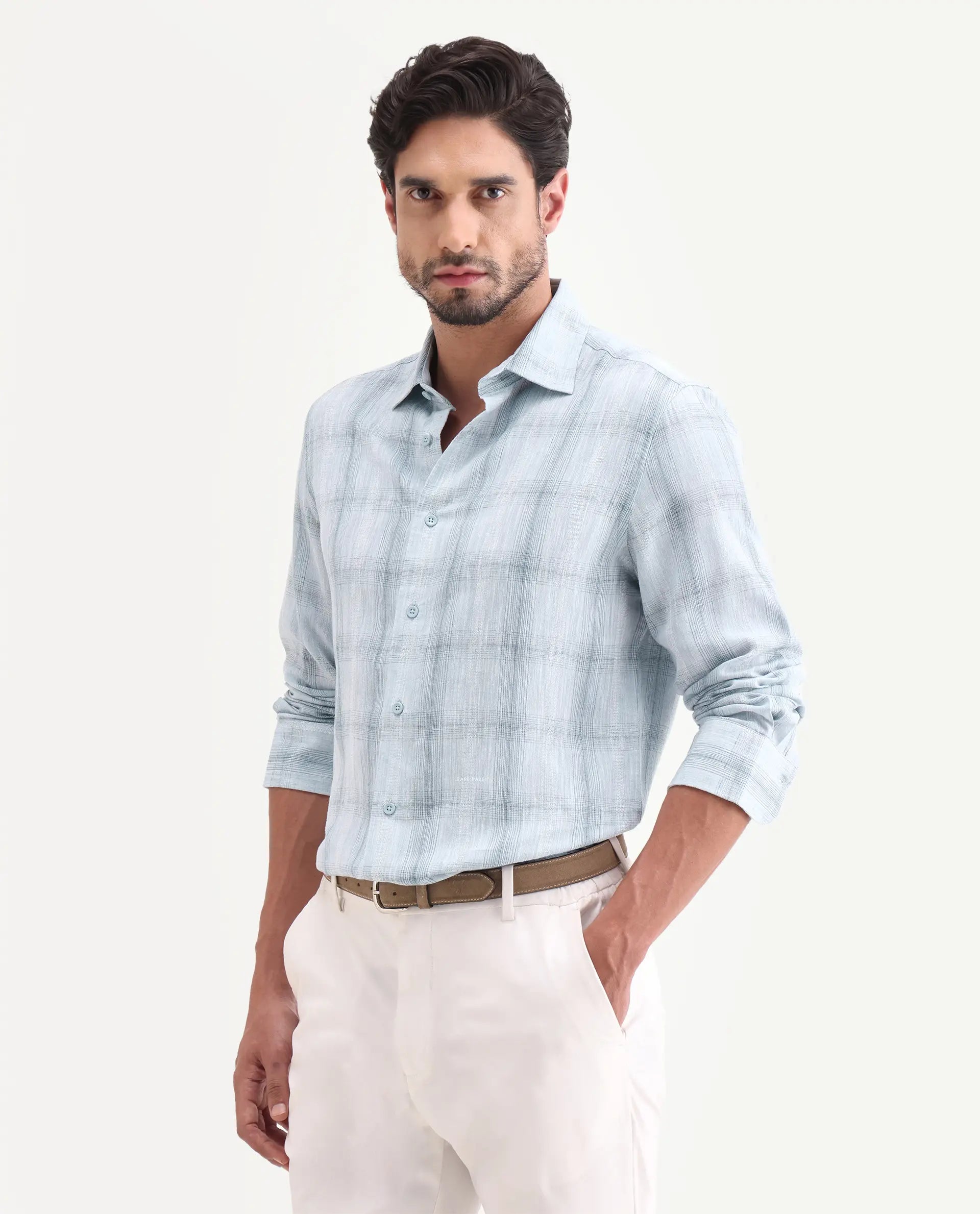 Rare Rabbit Men's Eamon-S26 Light Blue Linen Blend Full Sleeve Spread Collar Regular Fit Checked Shirt