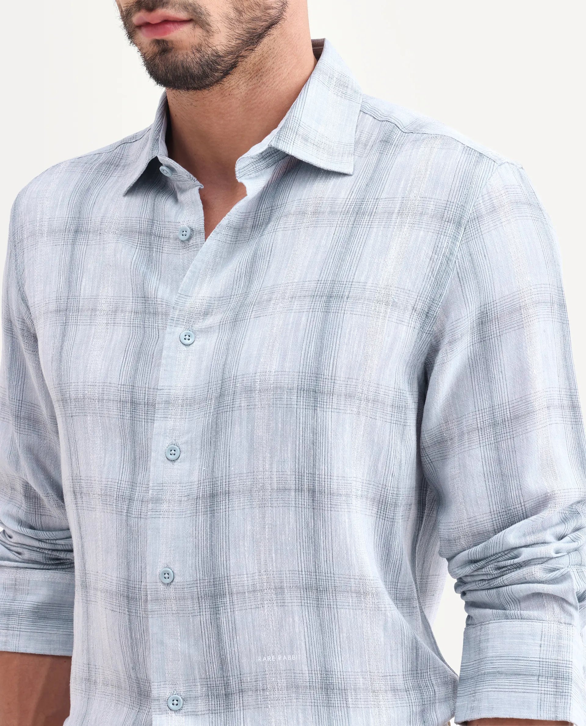 Rare Rabbit Men's Eamon-S26 Light Blue Linen Blend Full Sleeve Spread Collar Regular Fit Checked Shirt