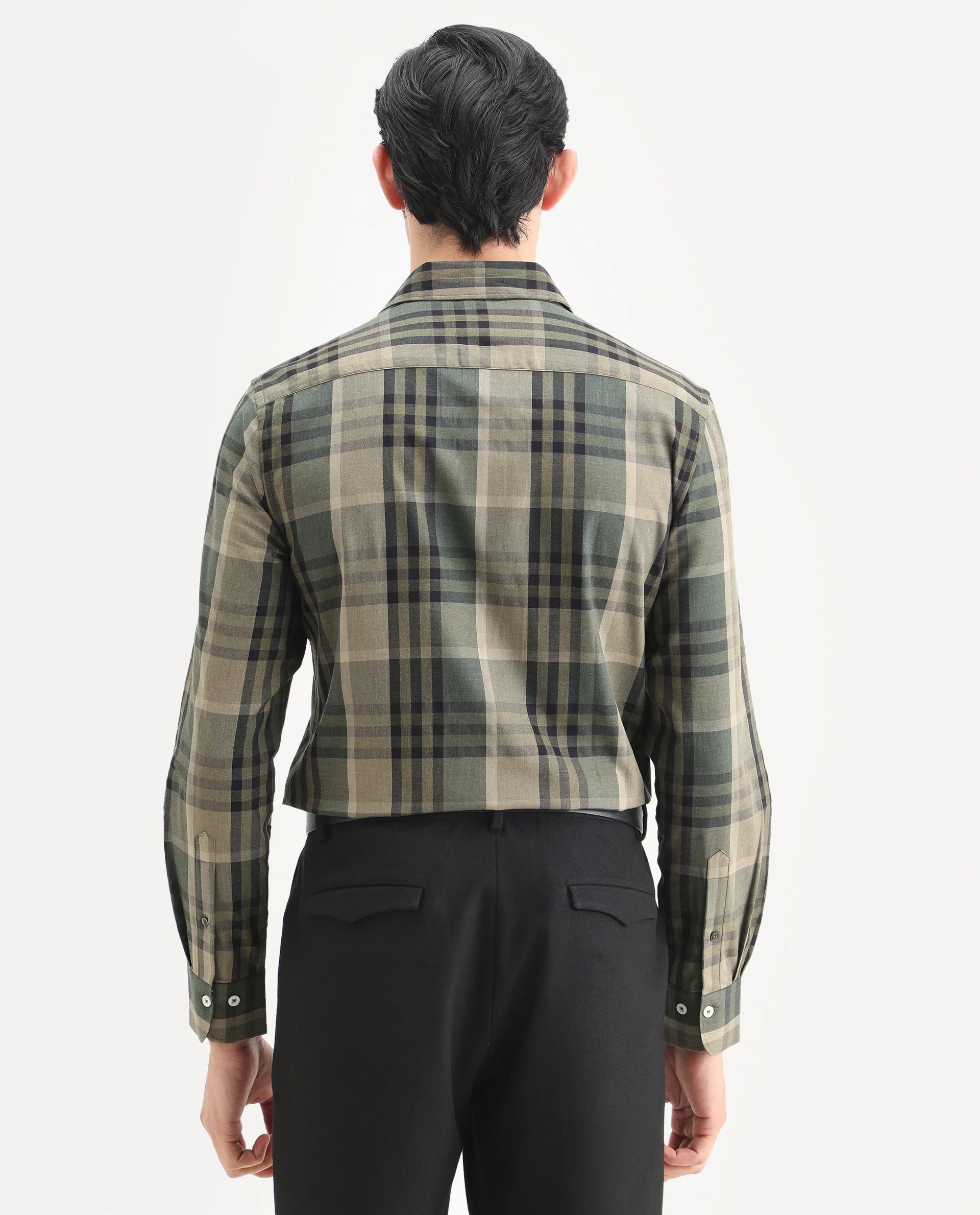 Rare Rabbit Men's Herti Green Cotton Fabric Full Sleeve Spread Collar Regular Fit Checked Shirt