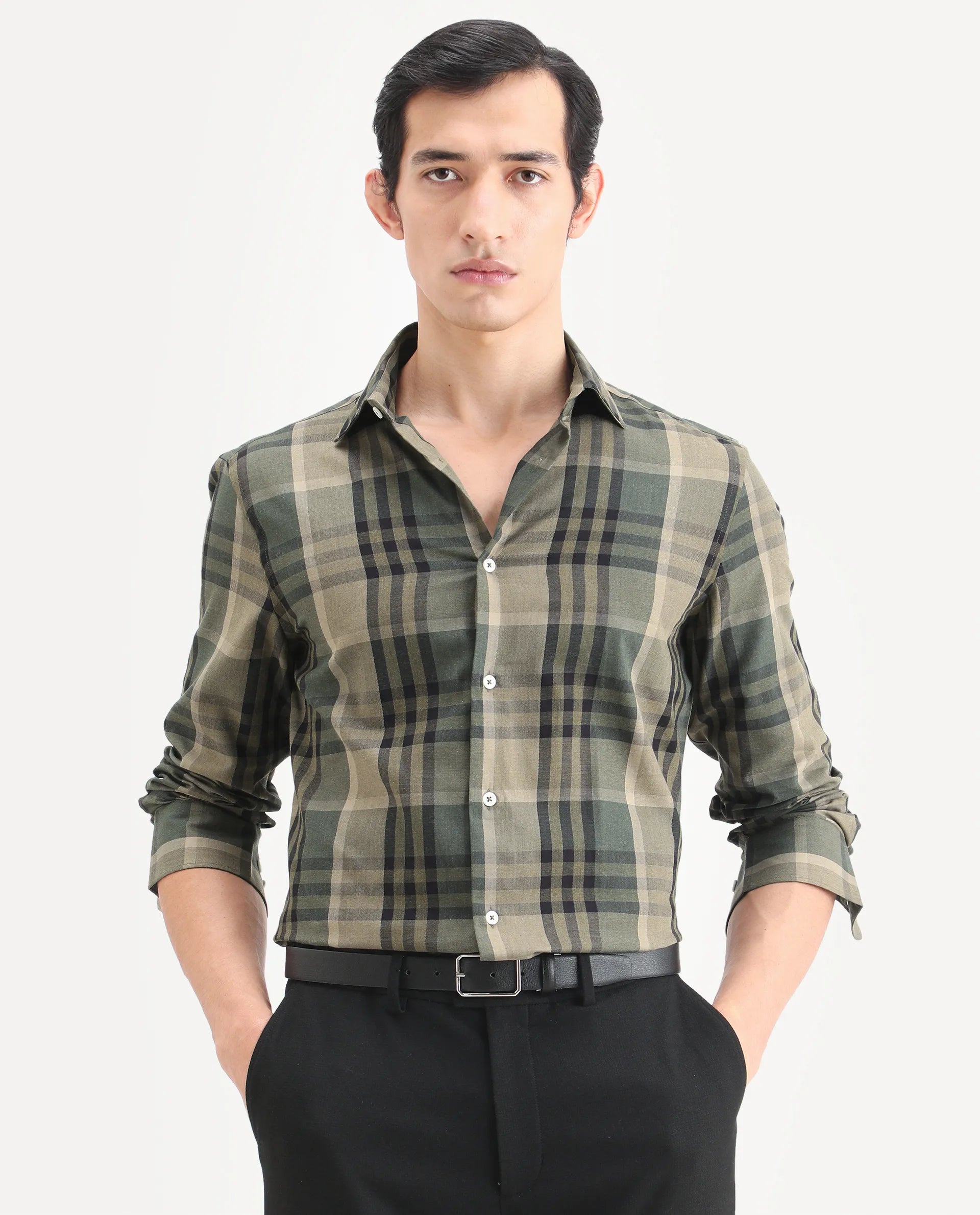 Rare Rabbit Men's Herti Green Cotton Fabric Full Sleeve Spread Collar Regular Fit Checked Shirt