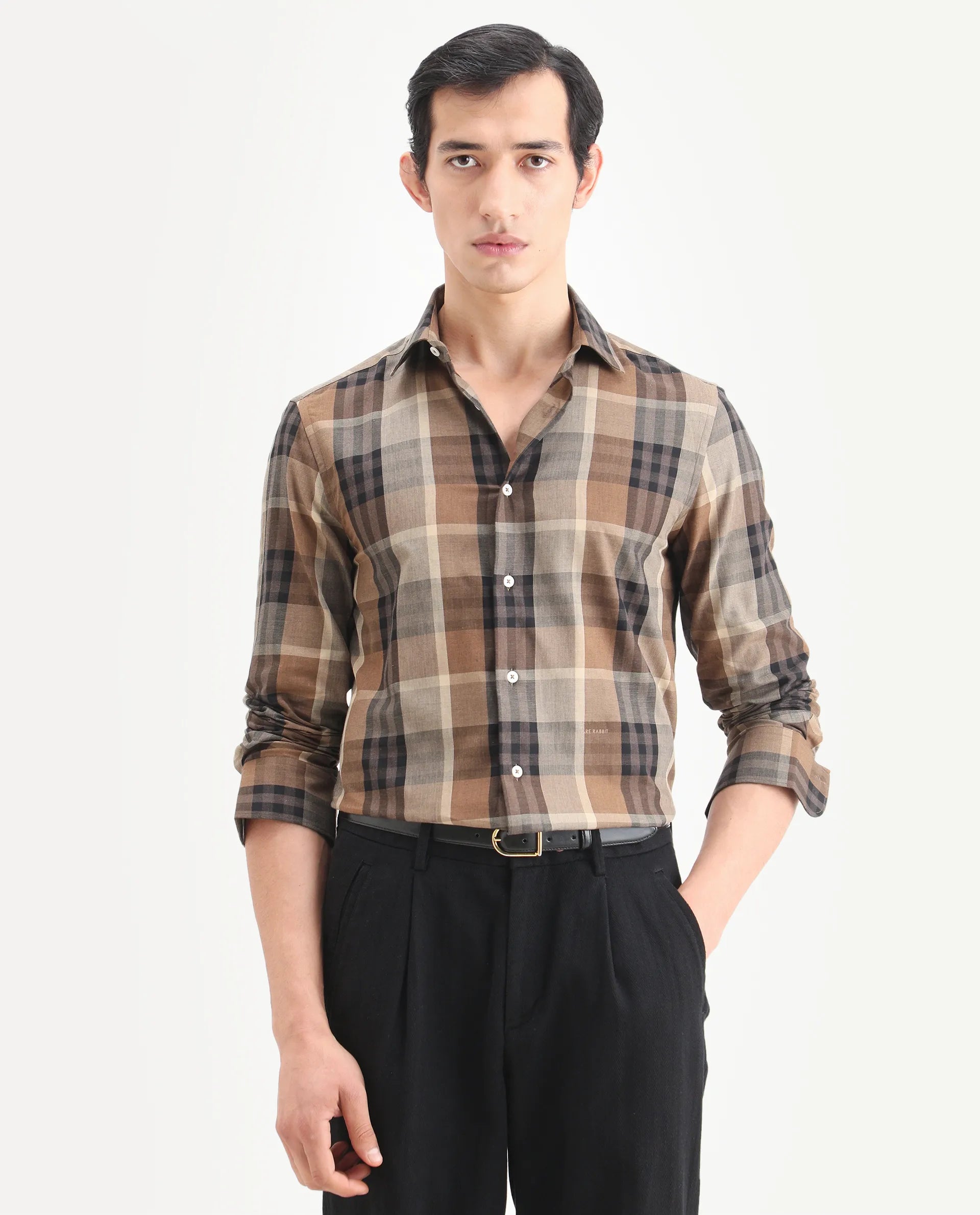 Rare Rabbit Men's Herti Brown Cotton Fabric Full Sleeve Spread Collar Regular Fit Checked Shirt