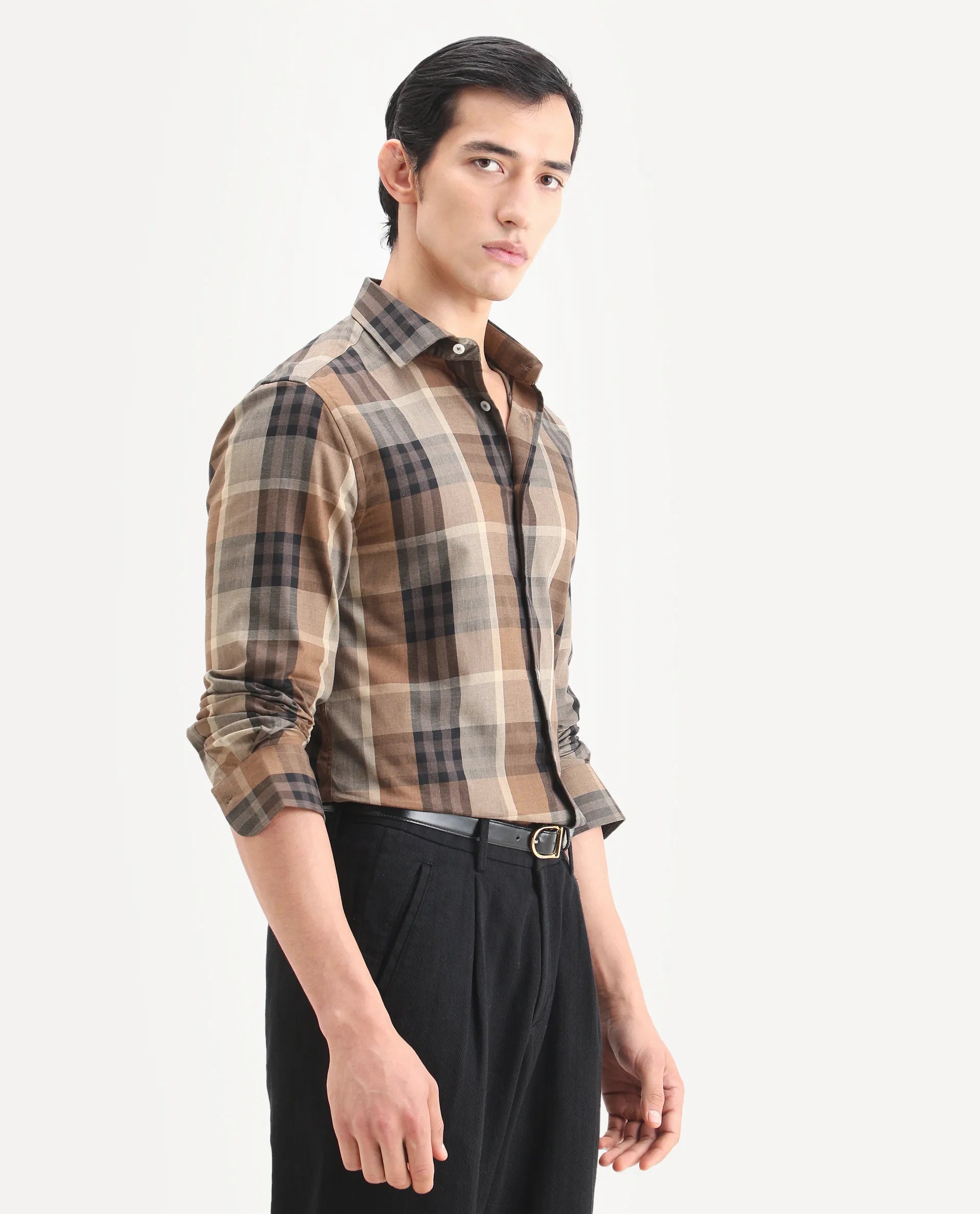 Rare Rabbit Men's Herti Brown Cotton Fabric Full Sleeve Spread Collar Regular Fit Checked Shirt