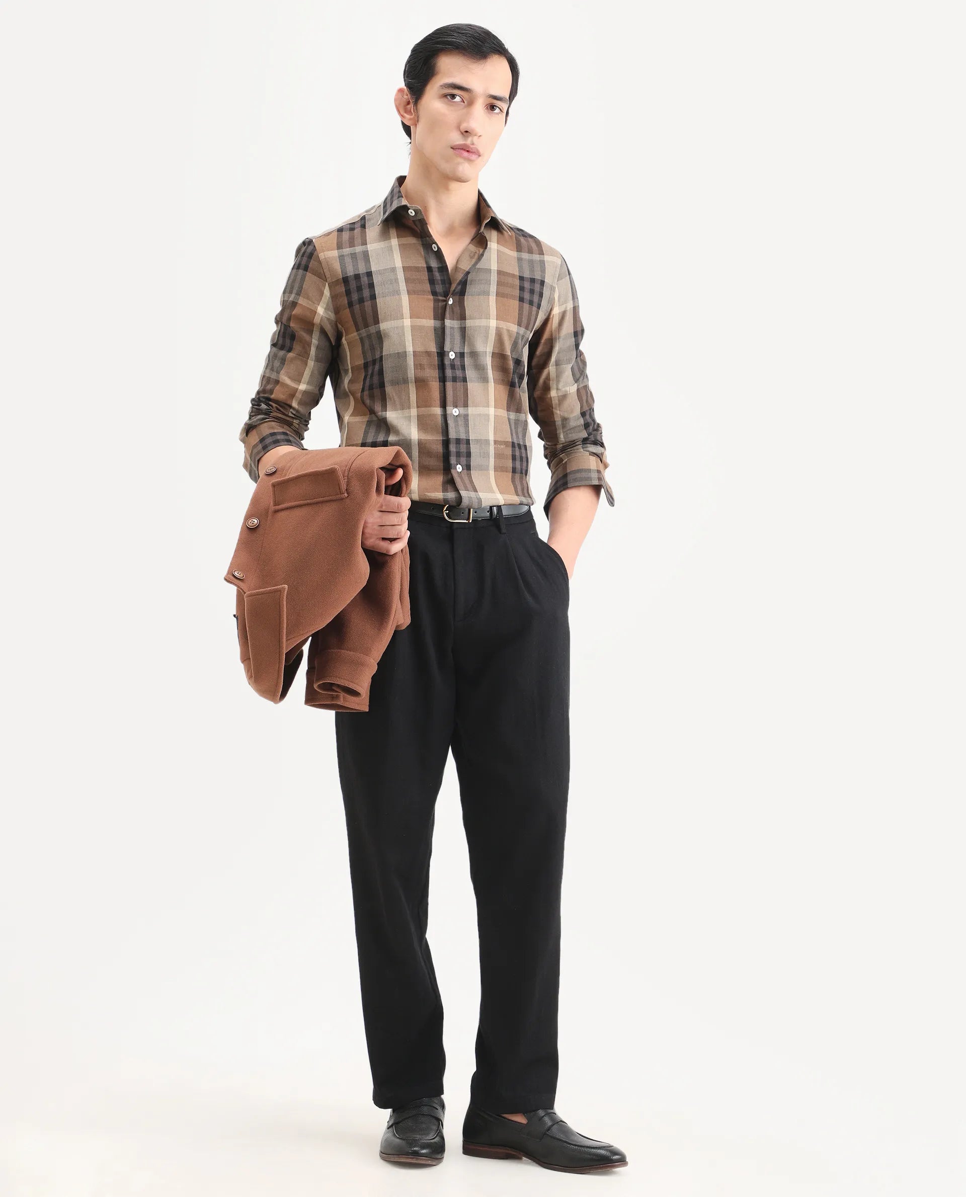 Rare Rabbit Men's Herti Brown Cotton Fabric Full Sleeve Spread Collar Regular Fit Checked Shirt