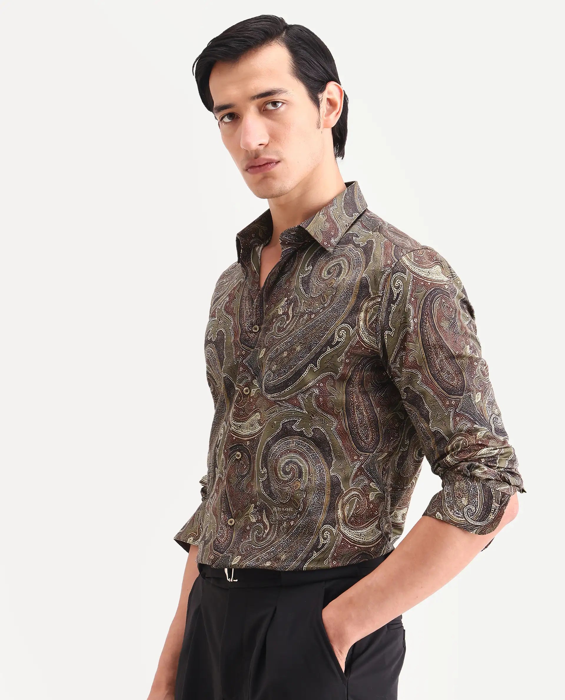 Rare Rabbit Men's Riko Dusky Green Cotton Fabric Full Sleeve Spread Collar Regular Fit Paisley Shirt