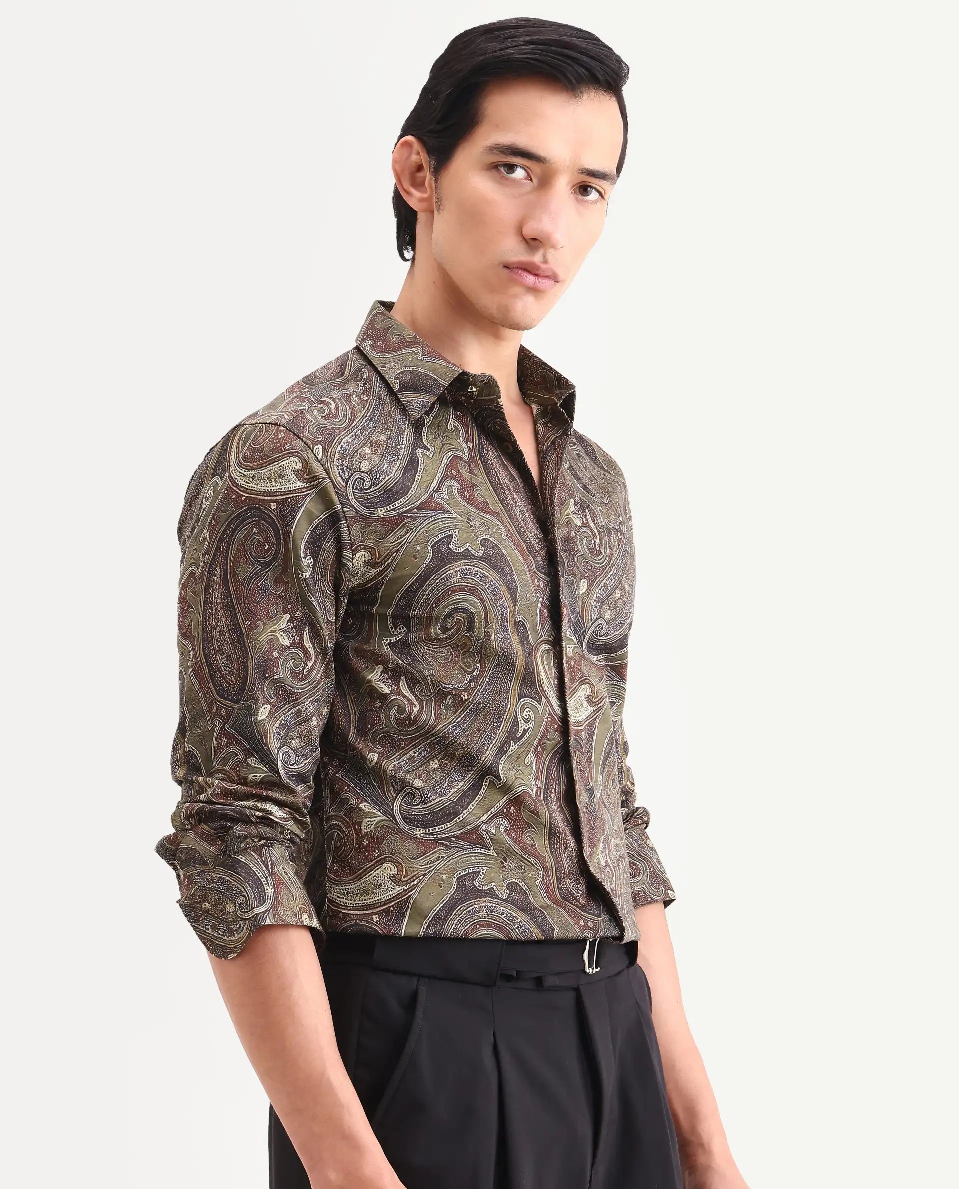 Rare Rabbit Men's Riko Dusky Green Cotton Fabric Full Sleeve Spread Collar Regular Fit Paisley Shirt