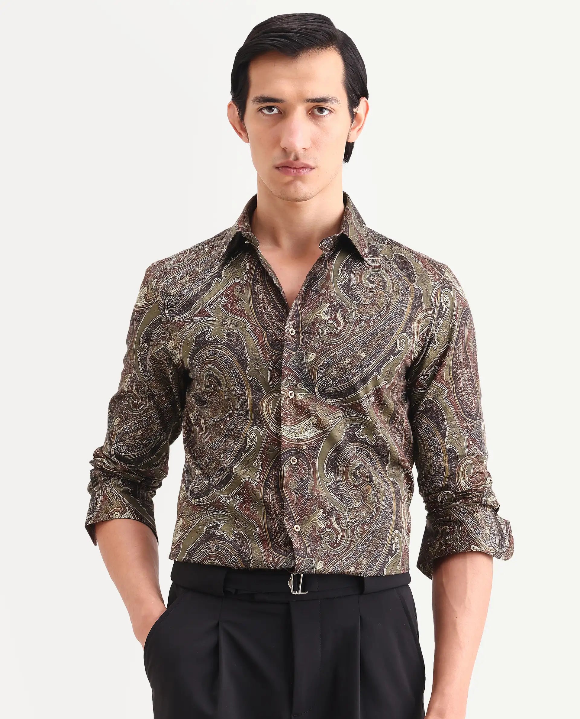 Rare Rabbit Men's Riko Dusky Green Cotton Fabric Full Sleeve Spread Collar Regular Fit Paisley Shirt
