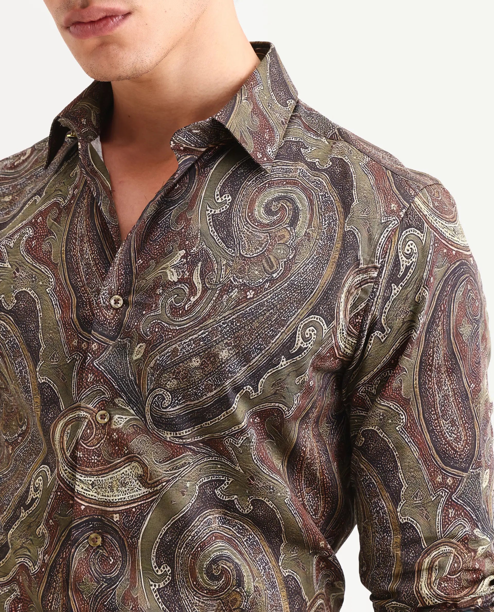 Rare Rabbit Men's Riko Dusky Green Cotton Fabric Full Sleeve Spread Collar Regular Fit Paisley Shirt
