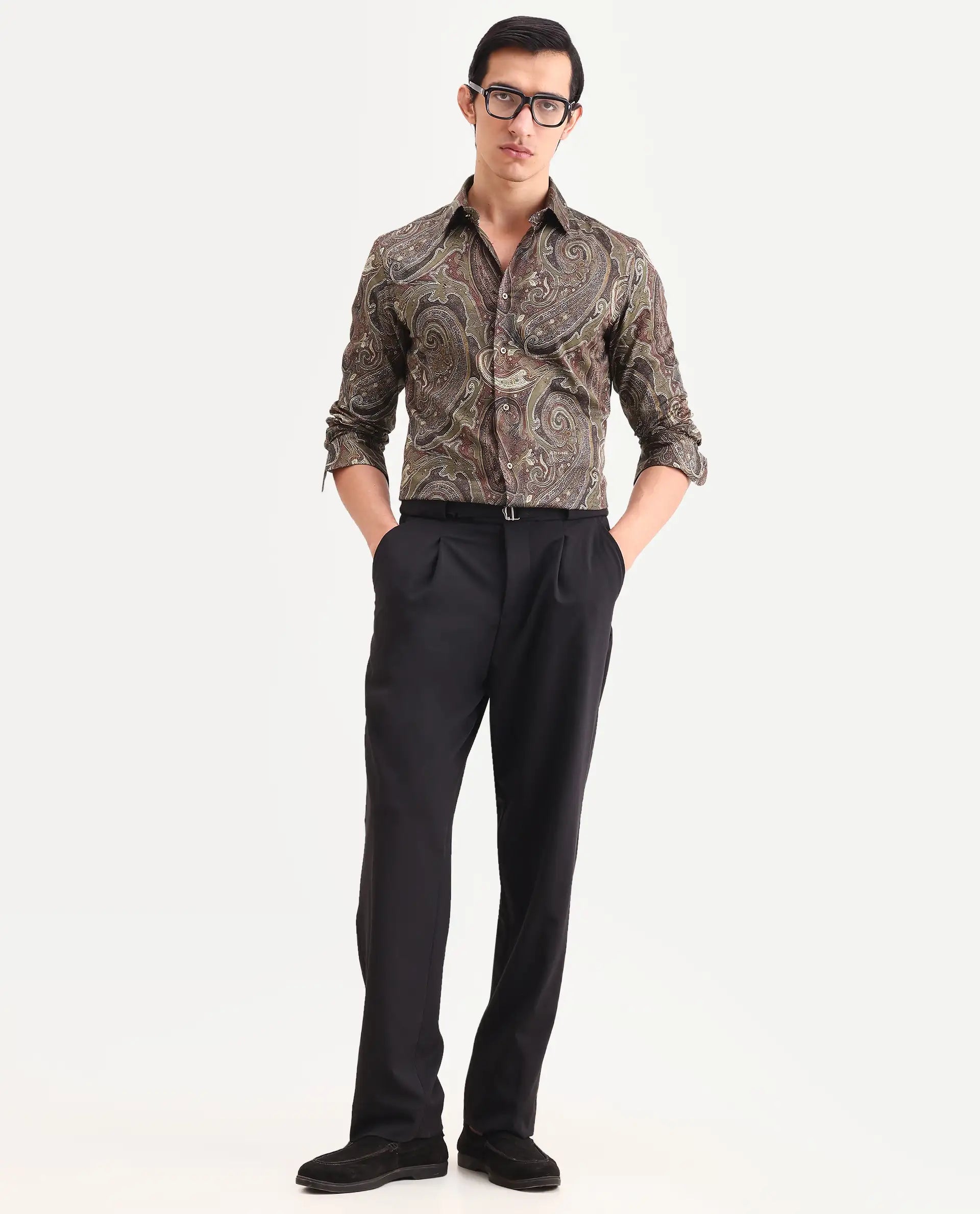 Rare Rabbit Men's Riko Dusky Green Cotton Fabric Full Sleeve Spread Collar Regular Fit Paisley Shirt