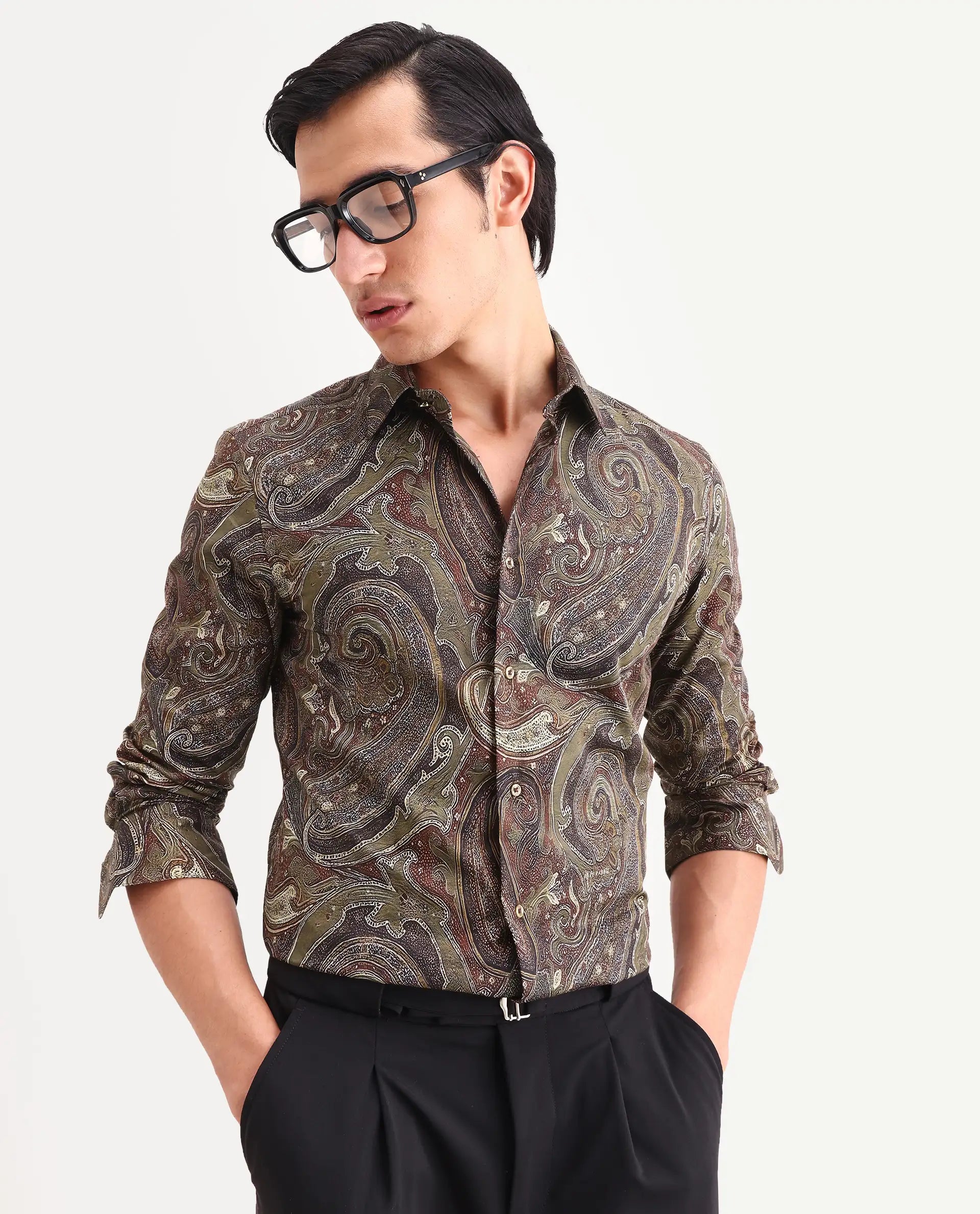 Rare Rabbit Men's Riko Dusky Green Cotton Fabric Full Sleeve Spread Collar Regular Fit Paisley Shirt