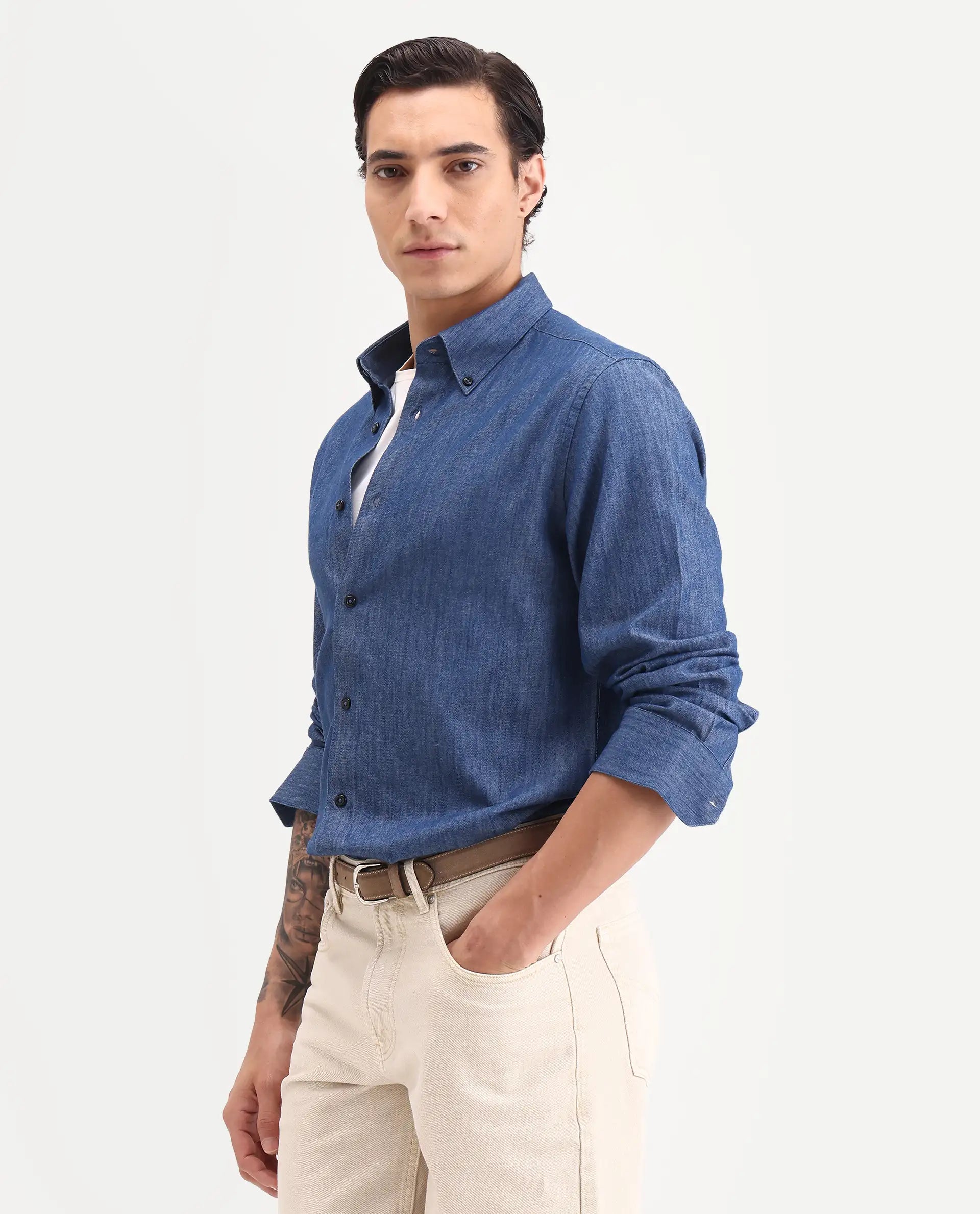 Rare Rabbit Men's Dami-Uw Navy Cotton Fabric Full Sleeve Button-Down Collar Regular Fit Plain Denim Shirt