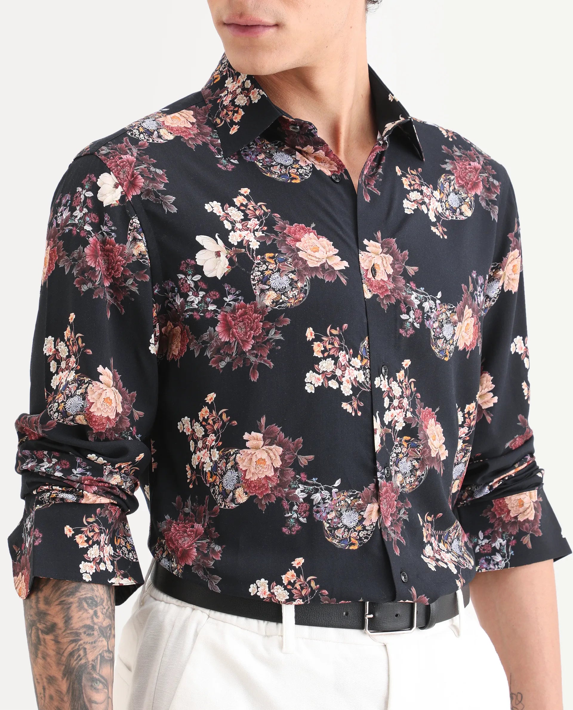 Rare Rabbit Men's Twel Black Viscose Fabric Full Sleeve Spread Collar Regular Fit Floral Print Shirt