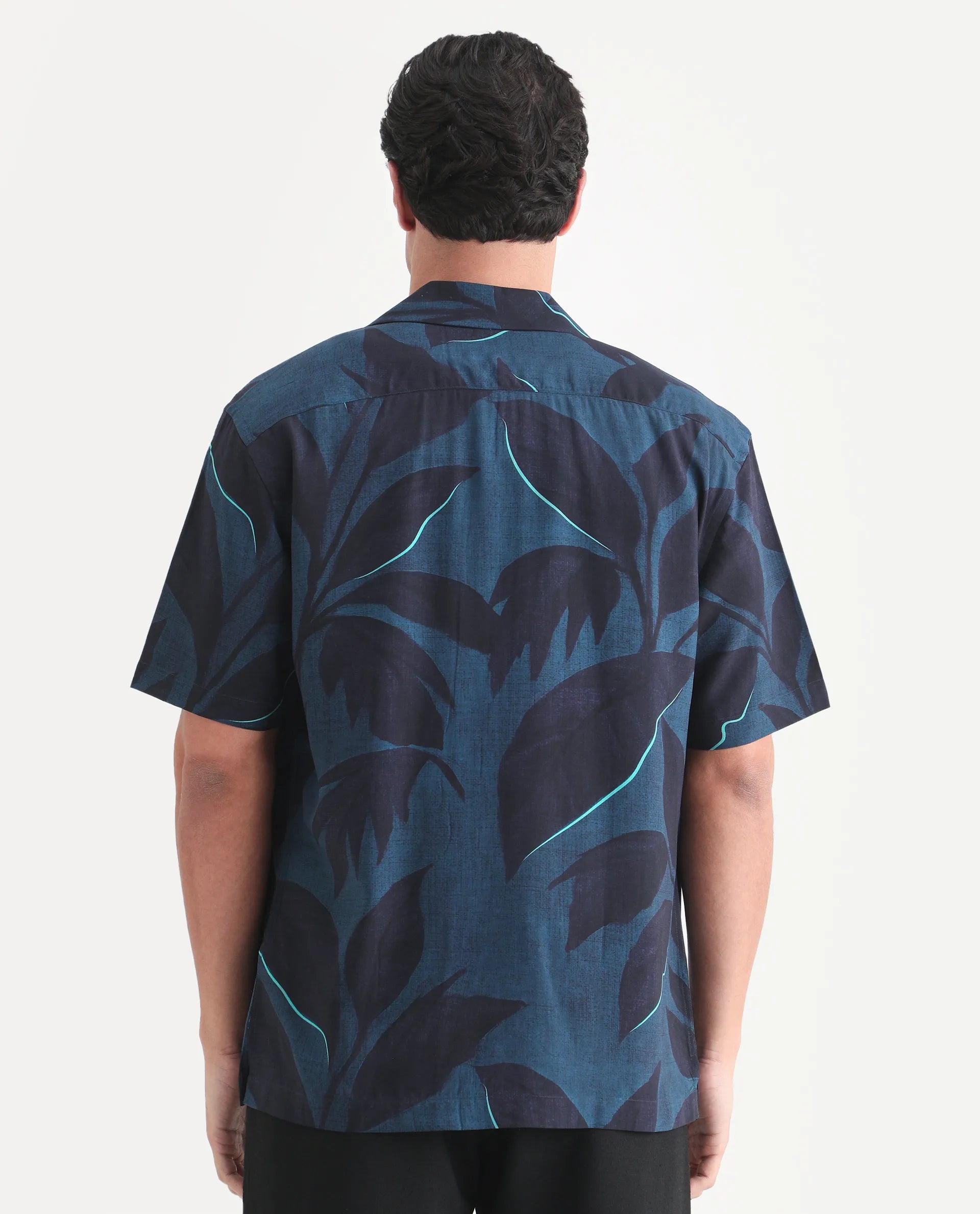 Rare Rabbit Men's Wesh Navy Viscose Fabric Half Sleeve Cuban Collar Regular Fit Tropical Print Shirt