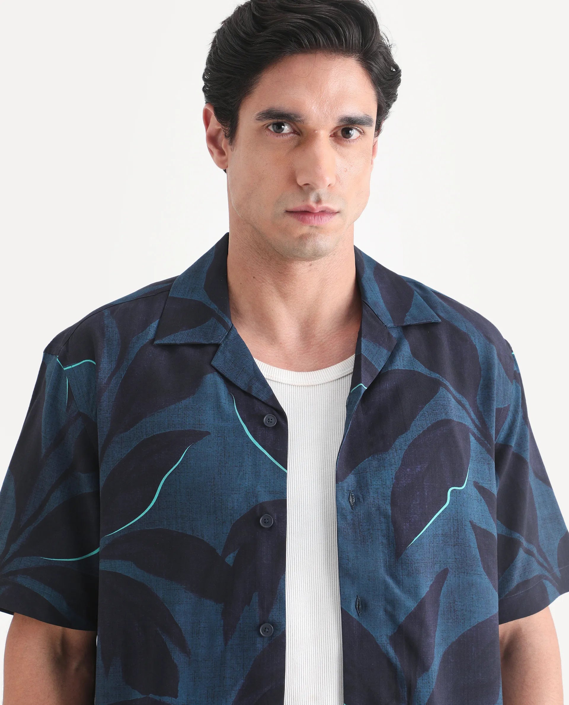 Rare Rabbit Men's Wesh Navy Viscose Fabric Half Sleeve Cuban Collar Regular Fit Tropical Print Shirt